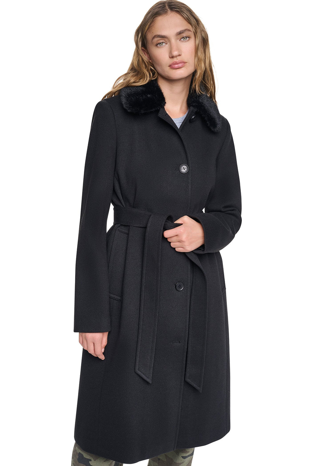 TWILL COAT WITH FUR COLLAR