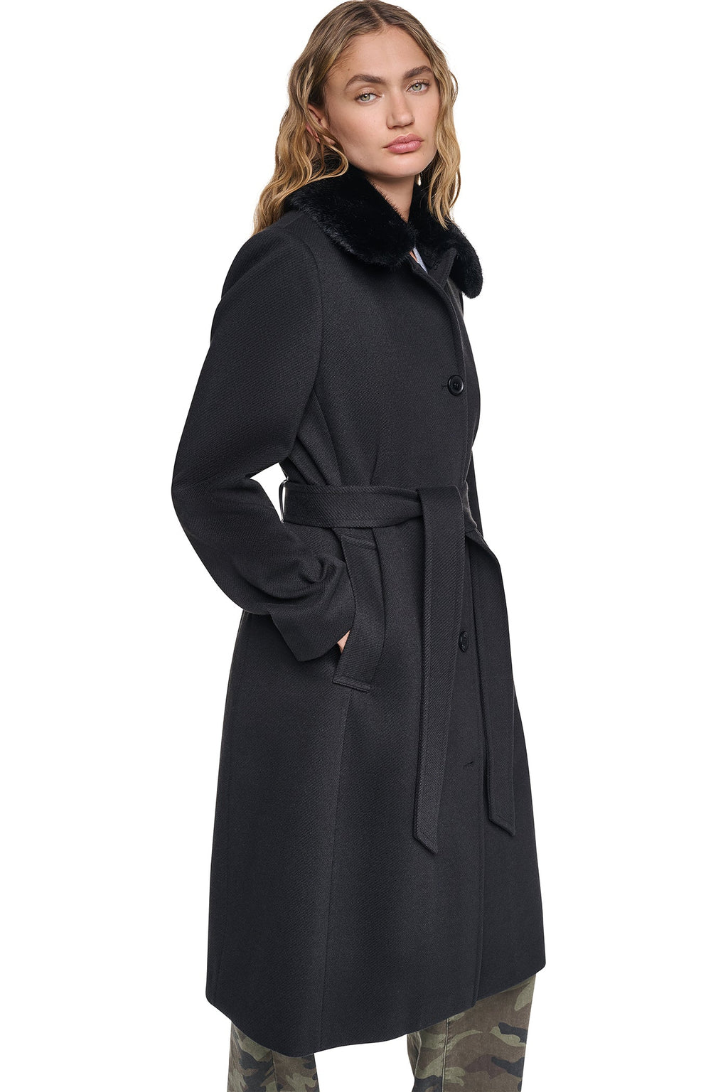 TWILL COAT WITH FUR COLLAR