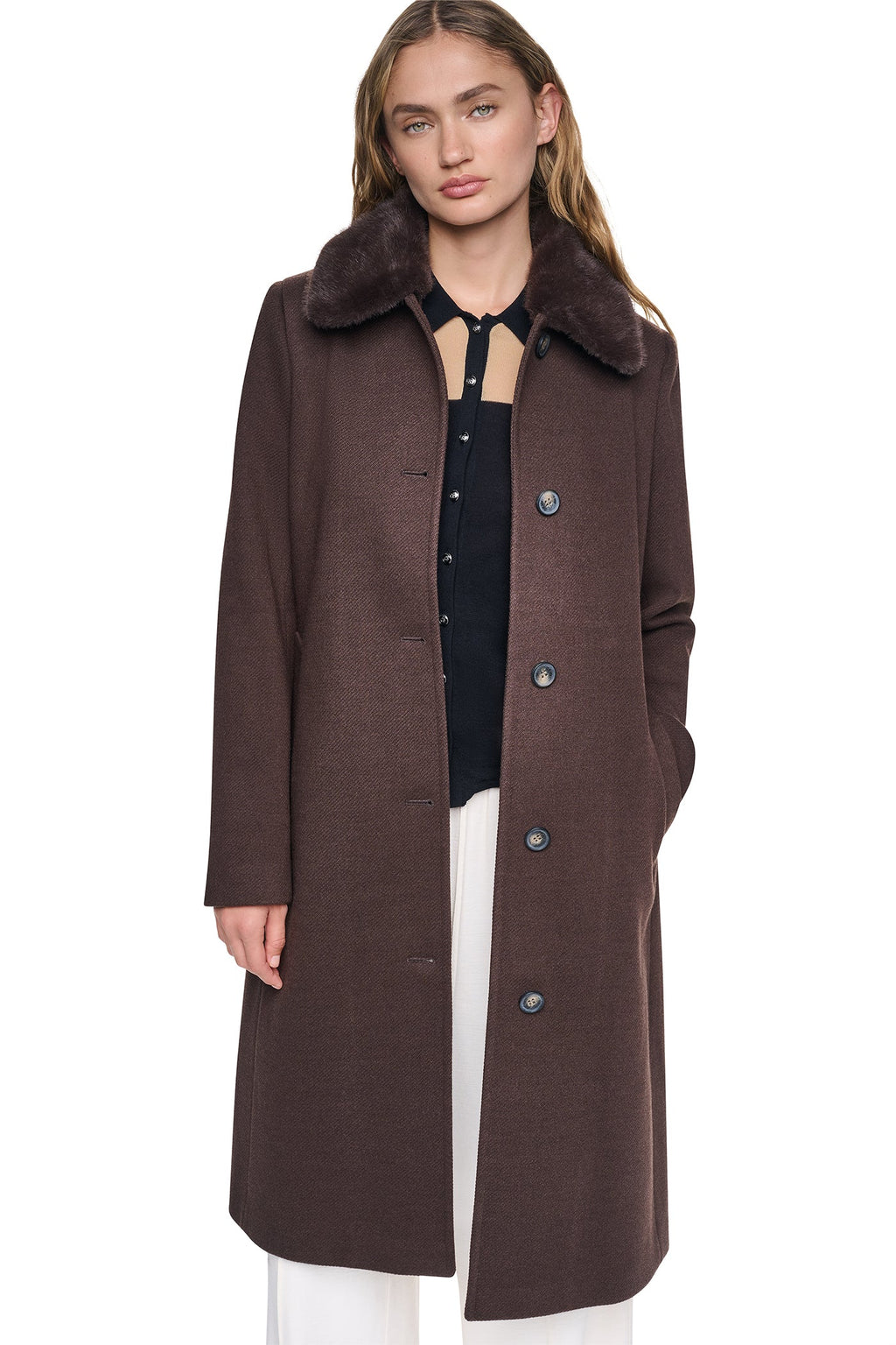 TWILL COAT WITH FUR COLLAR