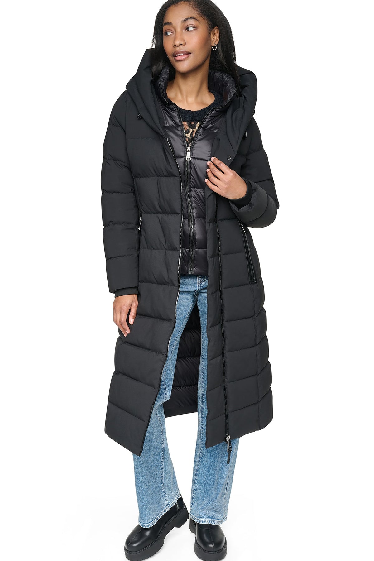MAXI HOODED PUFFER COAT WITH INNER BIB