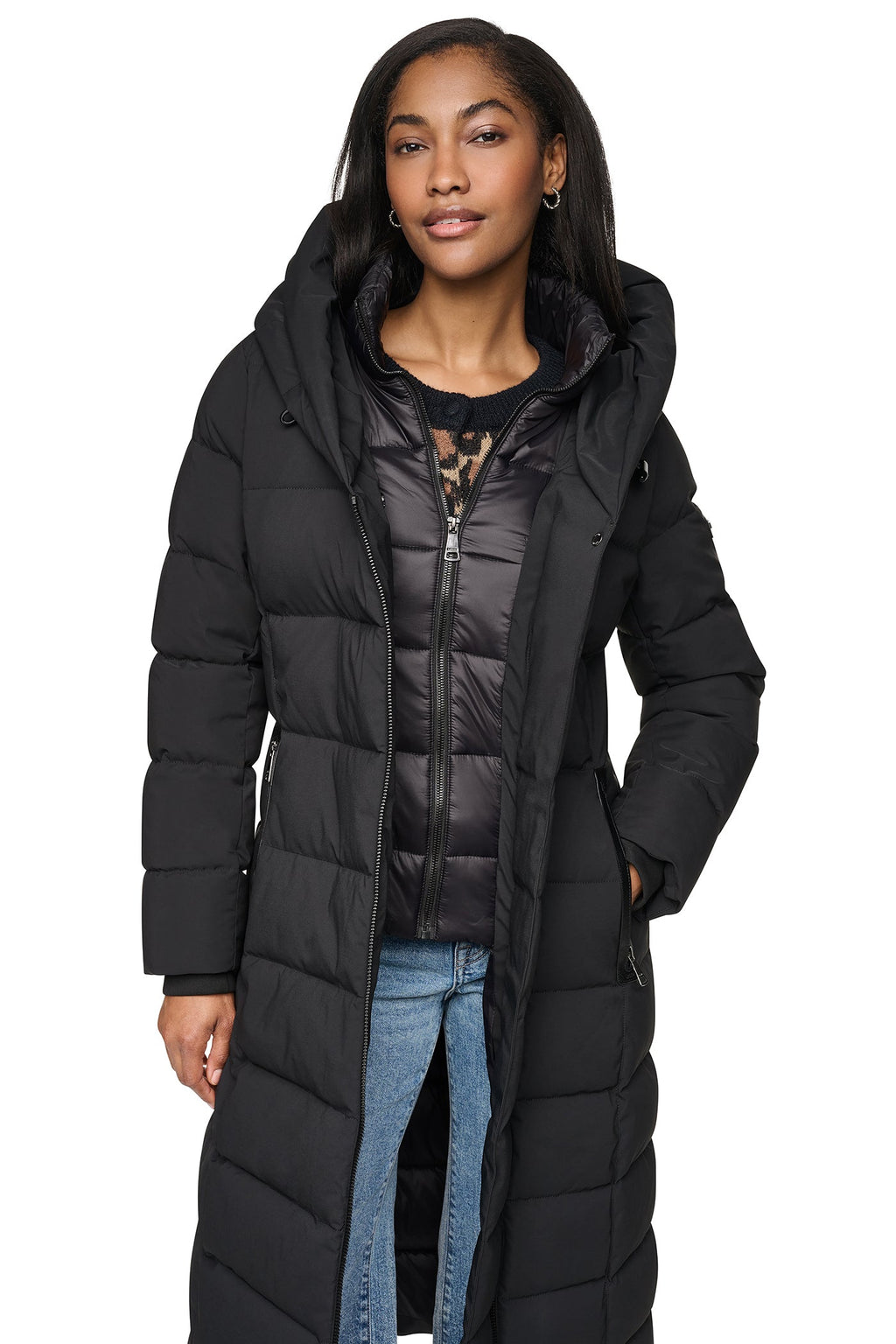MAXI HOODED PUFFER COAT WITH INNER BIB