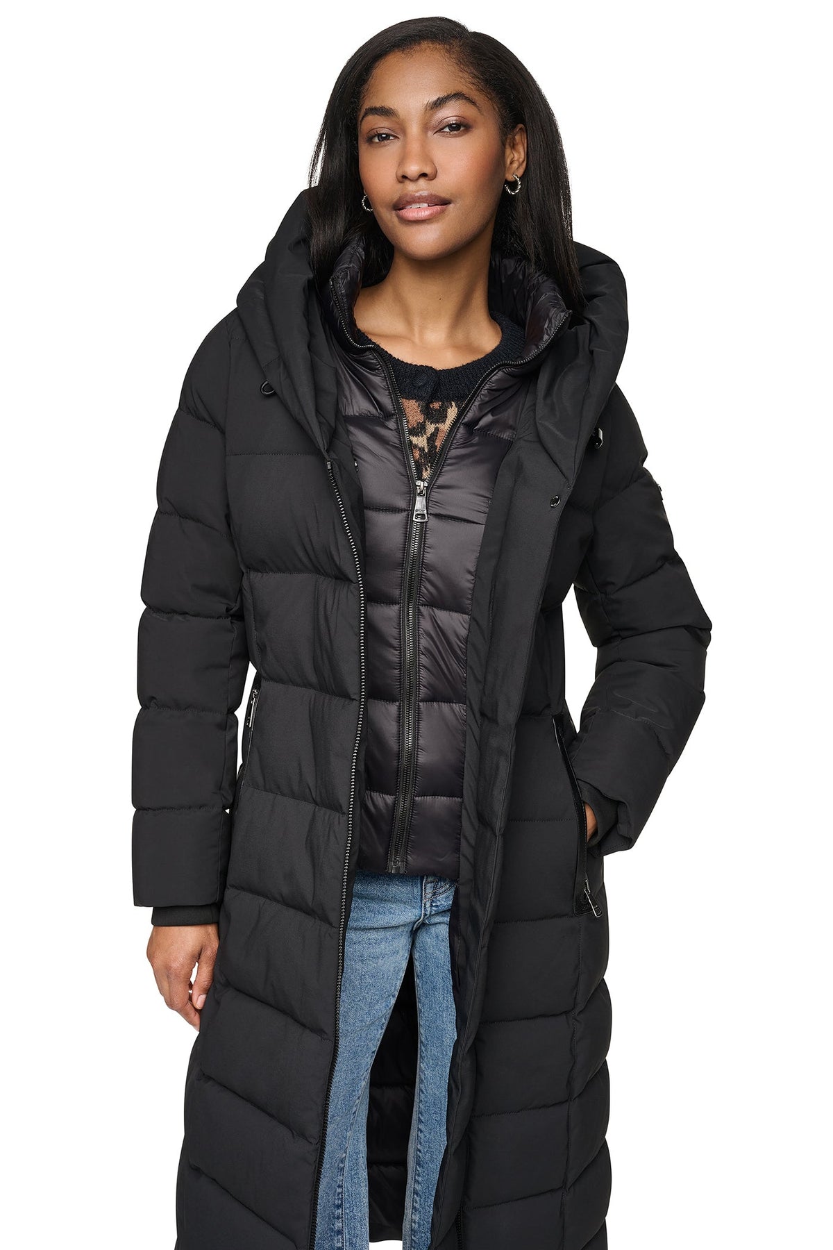 MAXI HOODED PUFFER COAT WITH INNER BIB