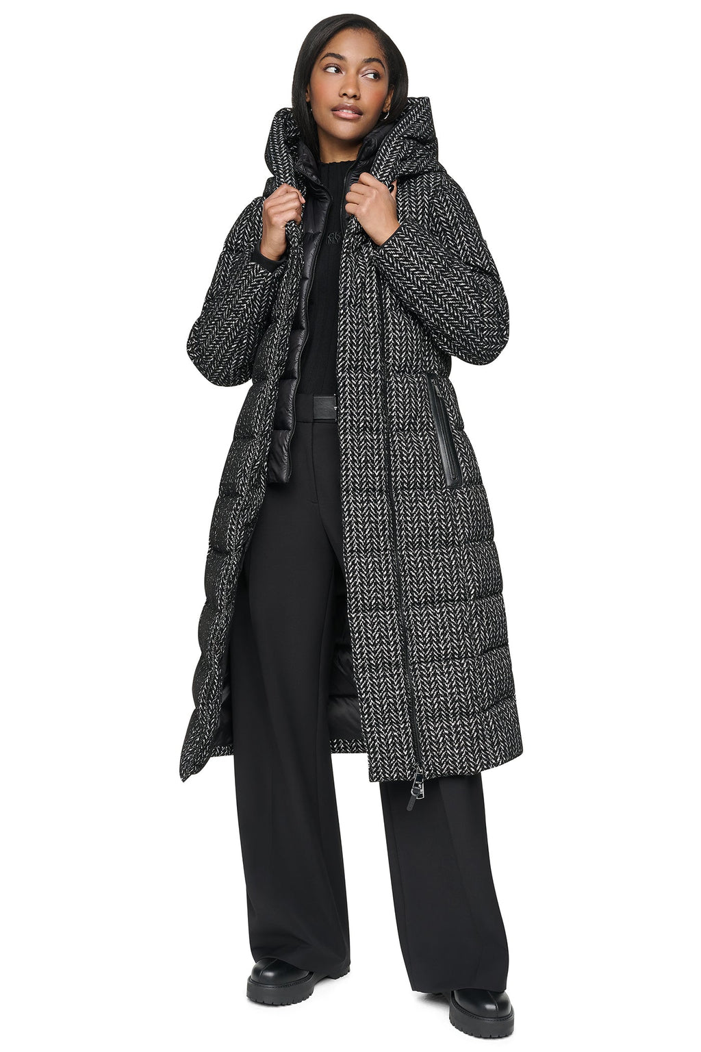 MAXI HOODED PUFFER COAT WITH INNER BIB