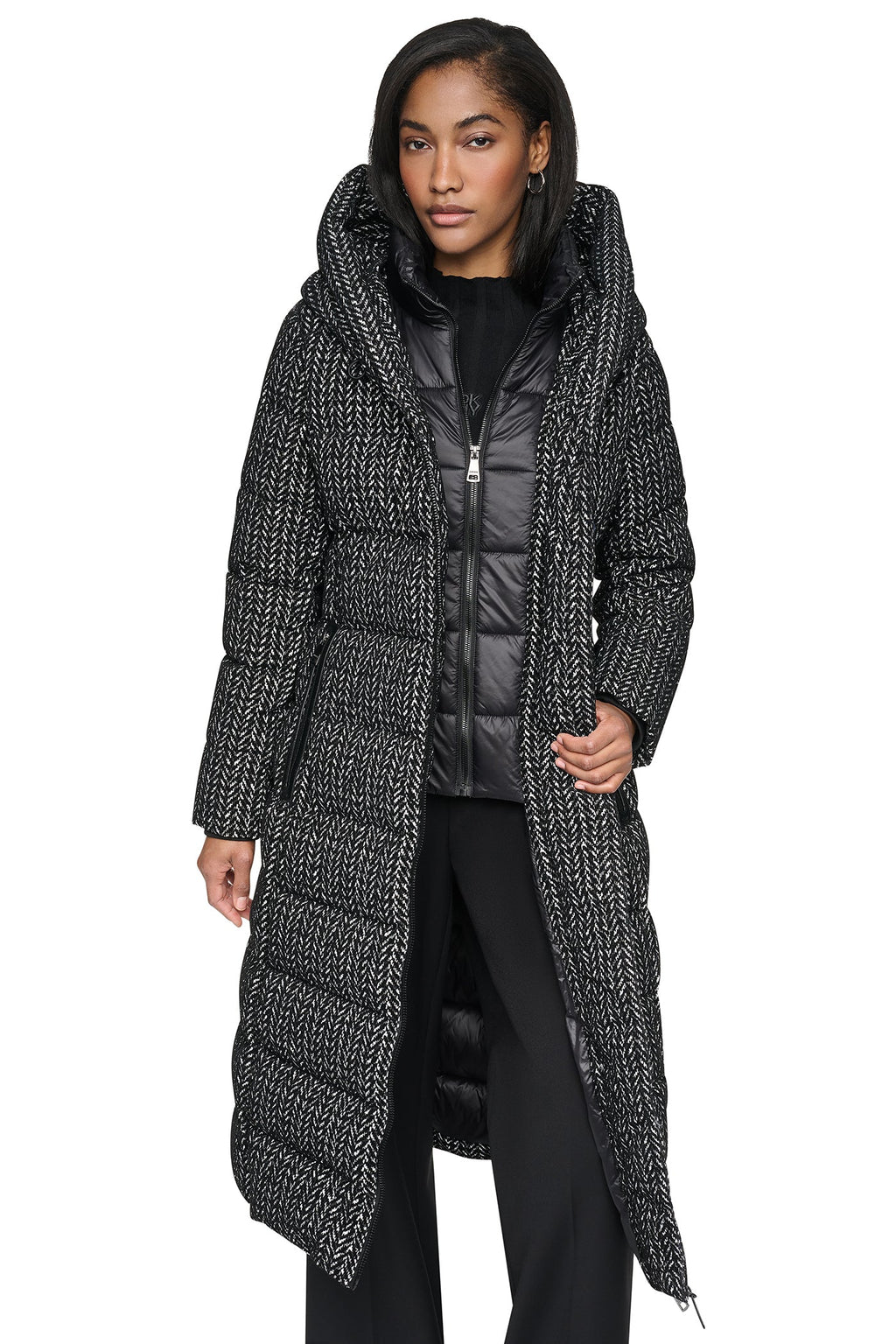MAXI HOODED PUFFER COAT WITH INNER BIB