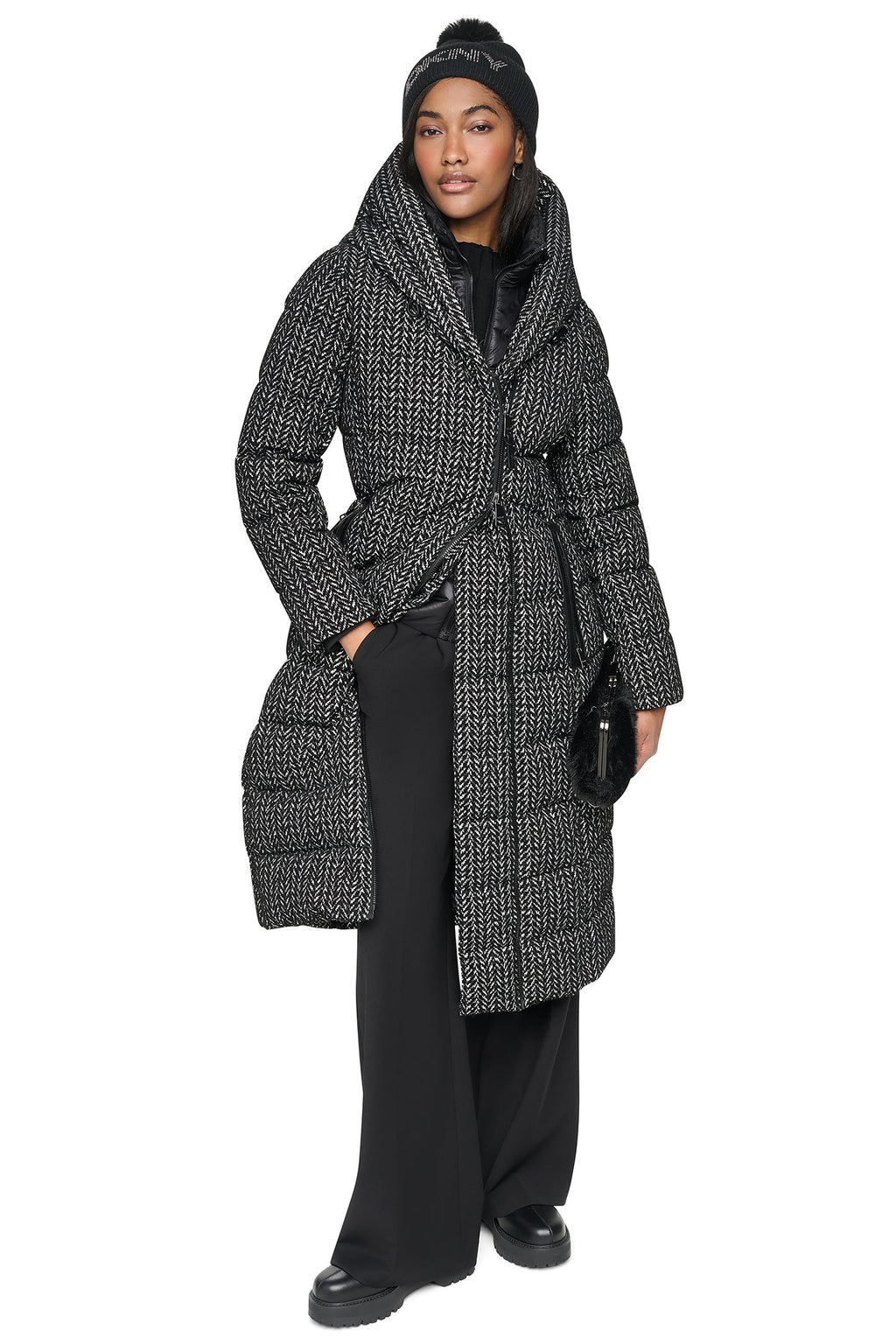 MAXI HOODED PUFFER COAT WITH INNER BIB