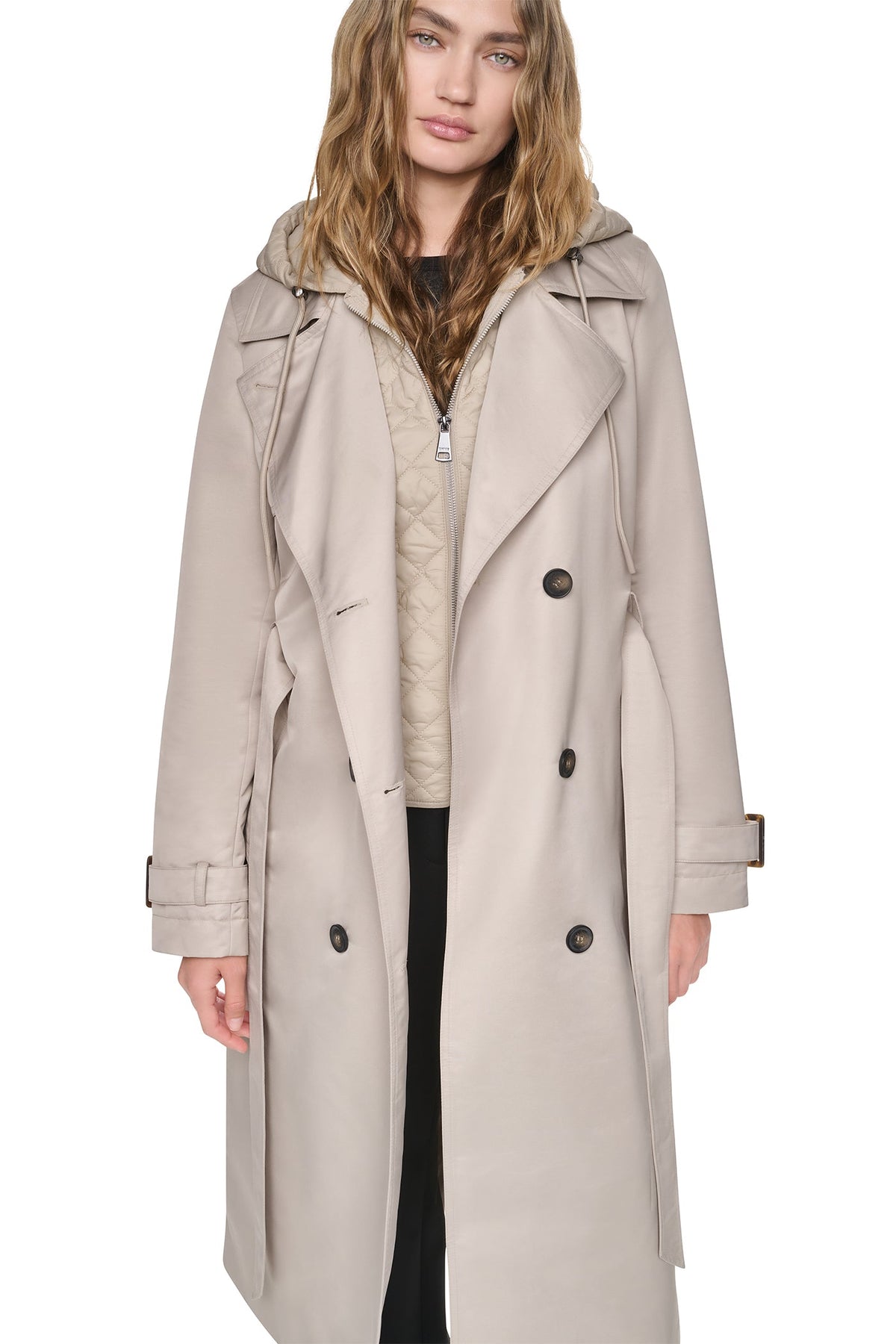 DOUBLE BREASTED QUILTED HOOD TRENCH