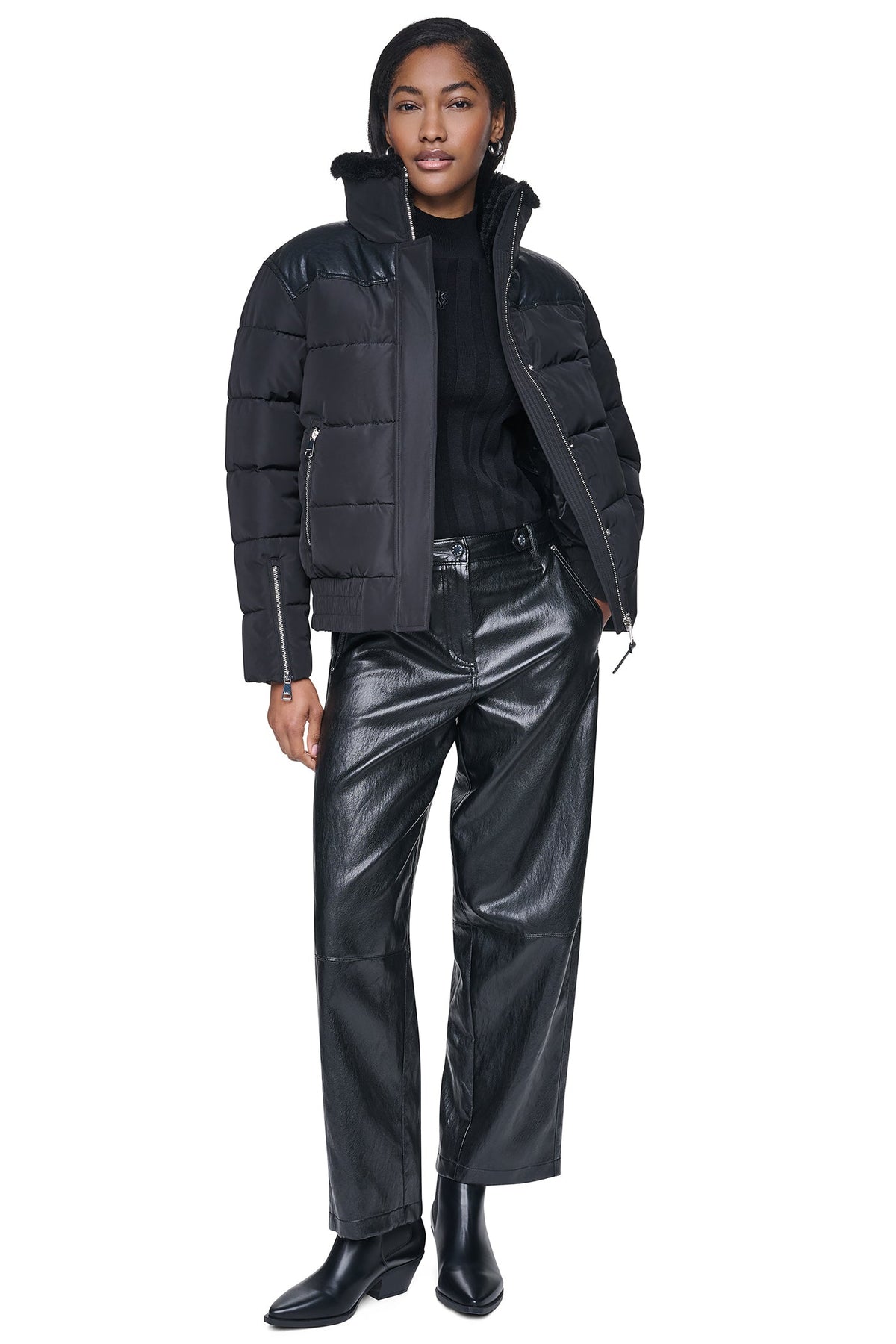 FAUX LEATHER PANELED PUFFER