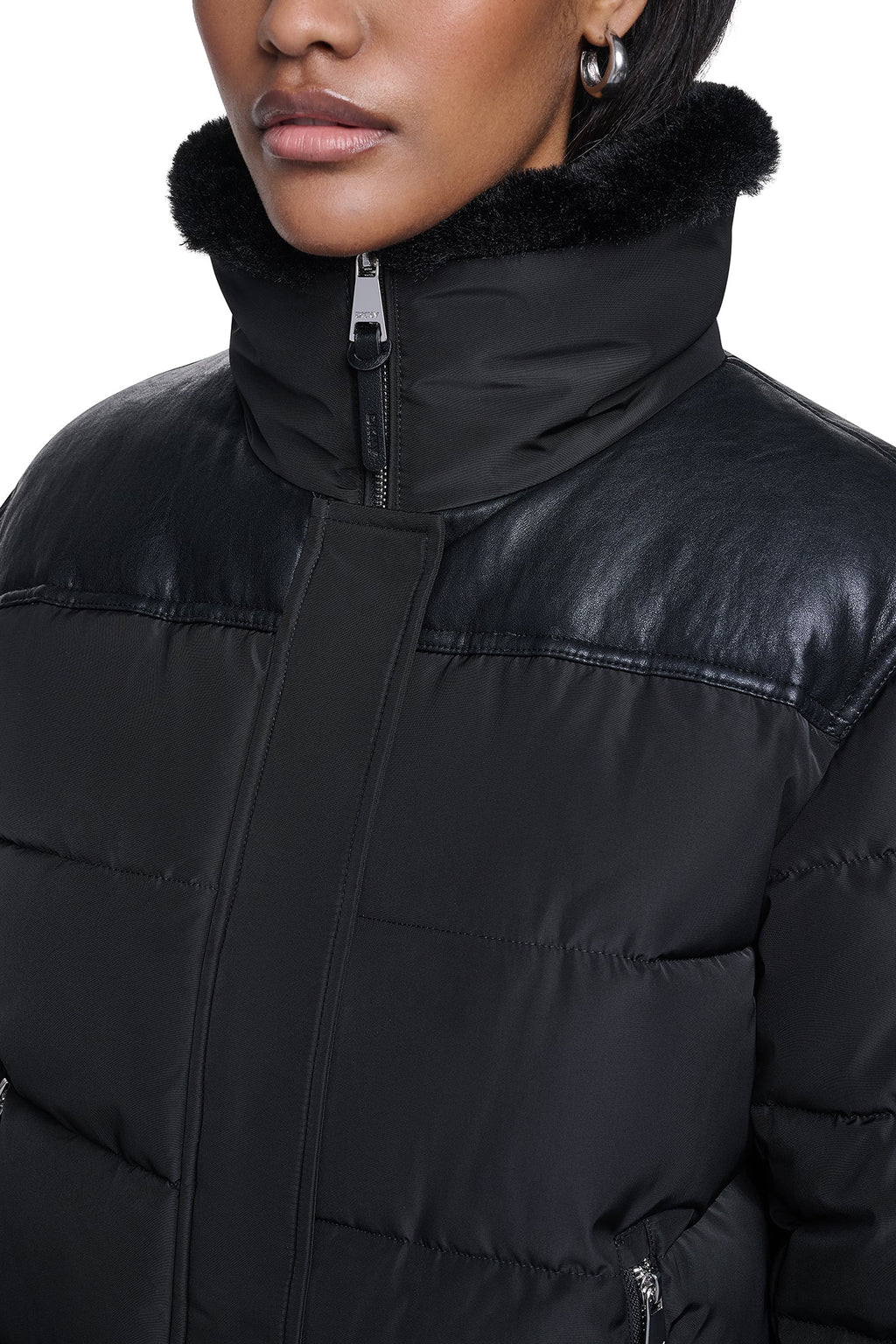 FAUX LEATHER PANELED PUFFER