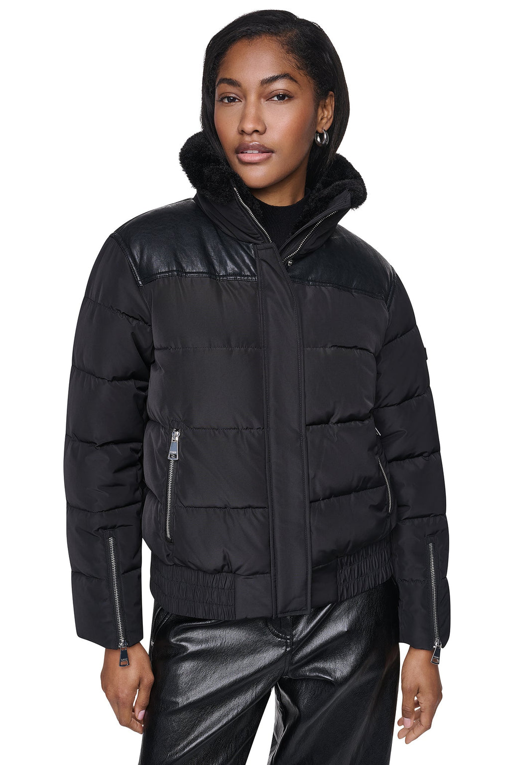 FAUX LEATHER PANELED PUFFER