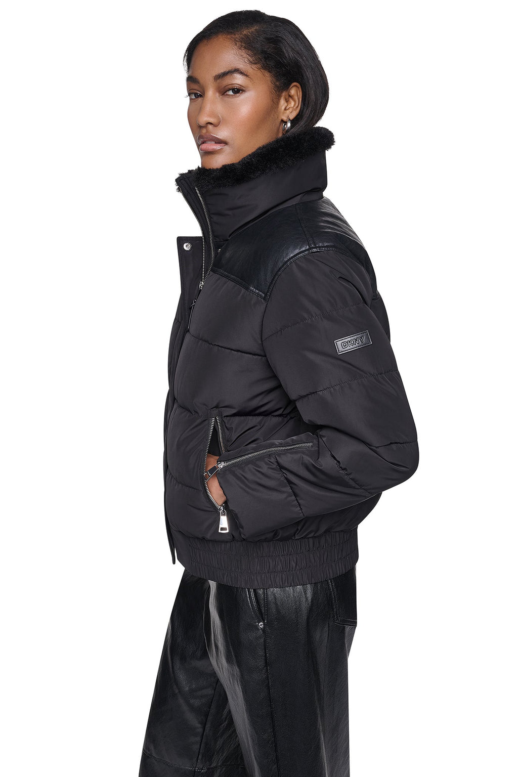 FAUX LEATHER PANELED PUFFER