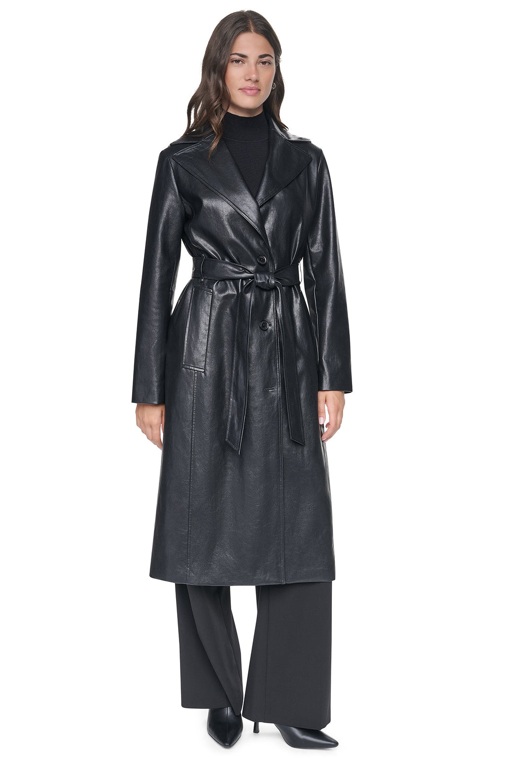 VEGAN LEATHER TRENCH WITH FAUX FUR COLLAR