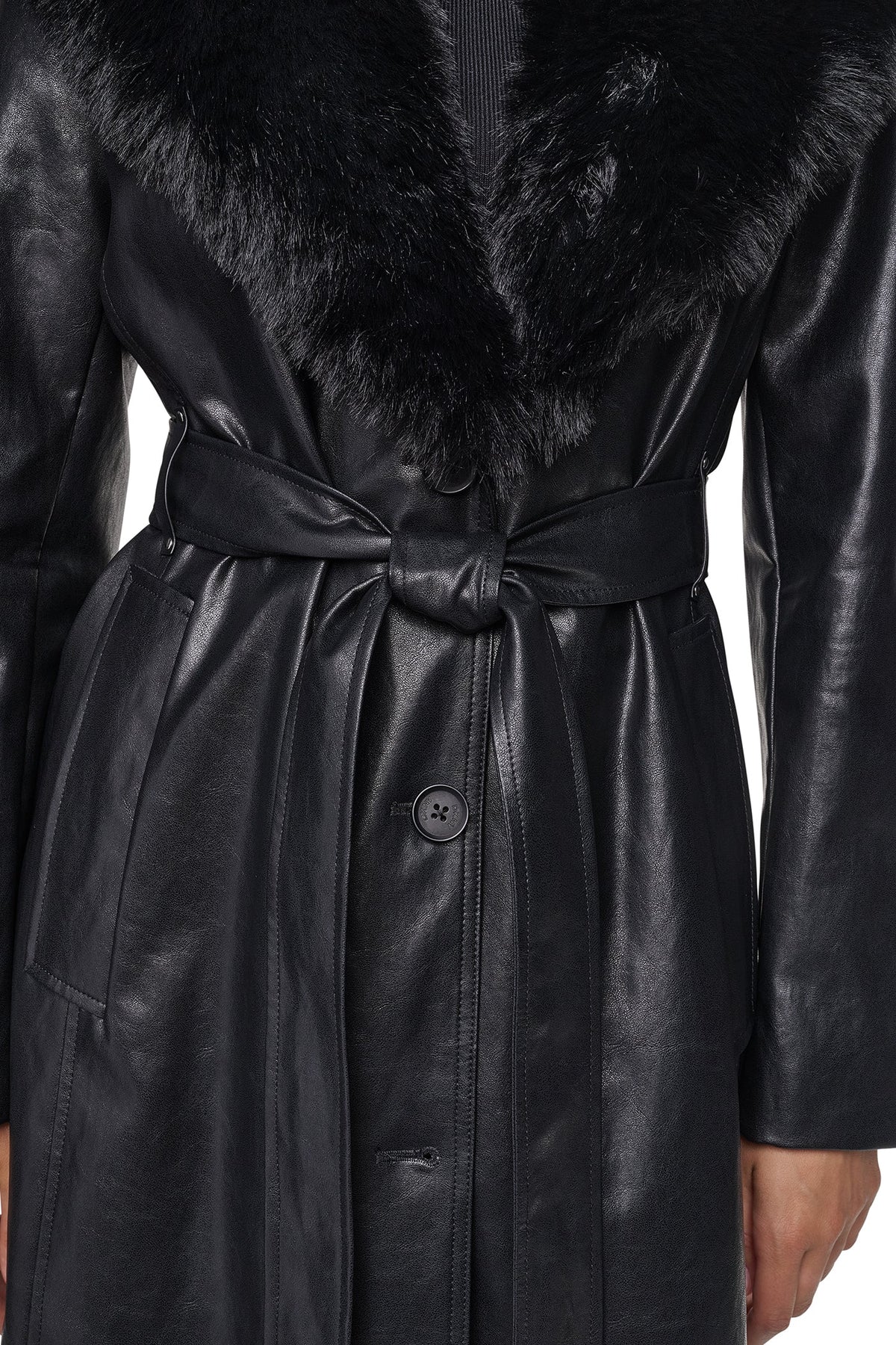 VEGAN LEATHER TRENCH WITH FAUX FUR COLLAR