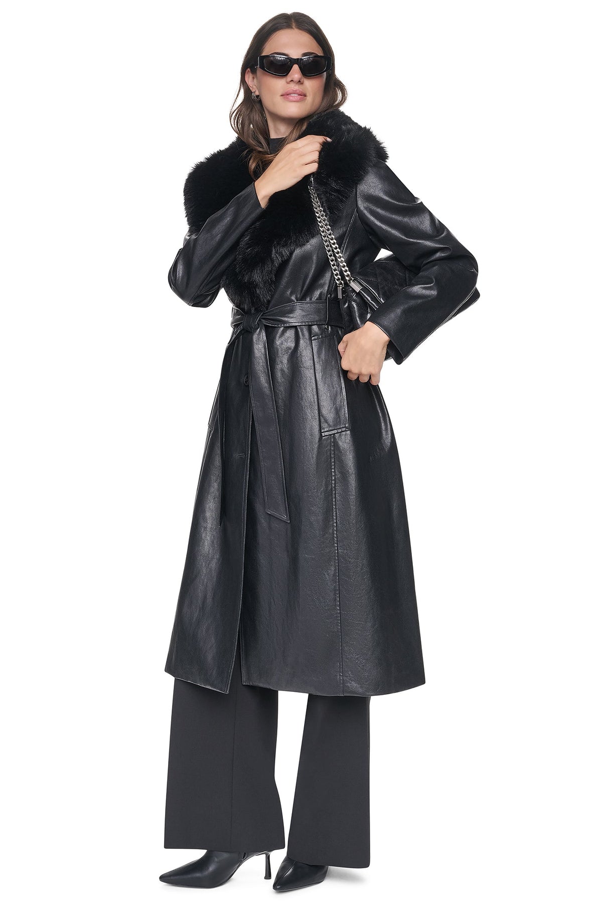 VEGAN LEATHER TRENCH WITH FAUX FUR COLLAR