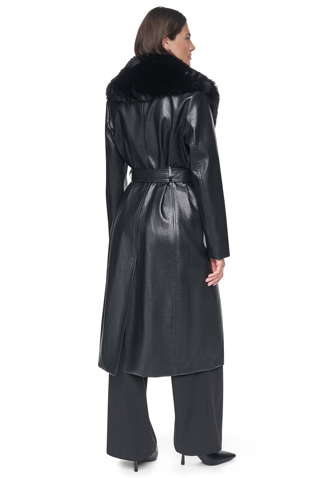 VEGAN LEATHER TRENCH WITH FAUX FUR COLLAR