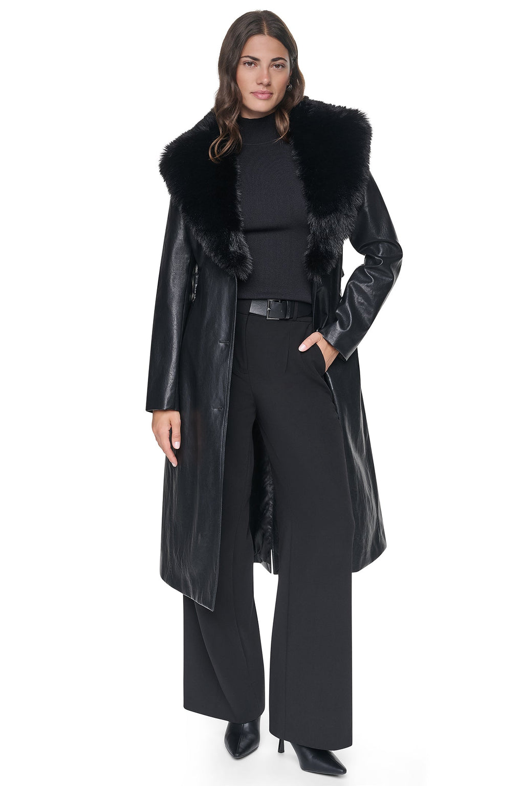VEGAN LEATHER TRENCH WITH FAUX FUR COLLAR