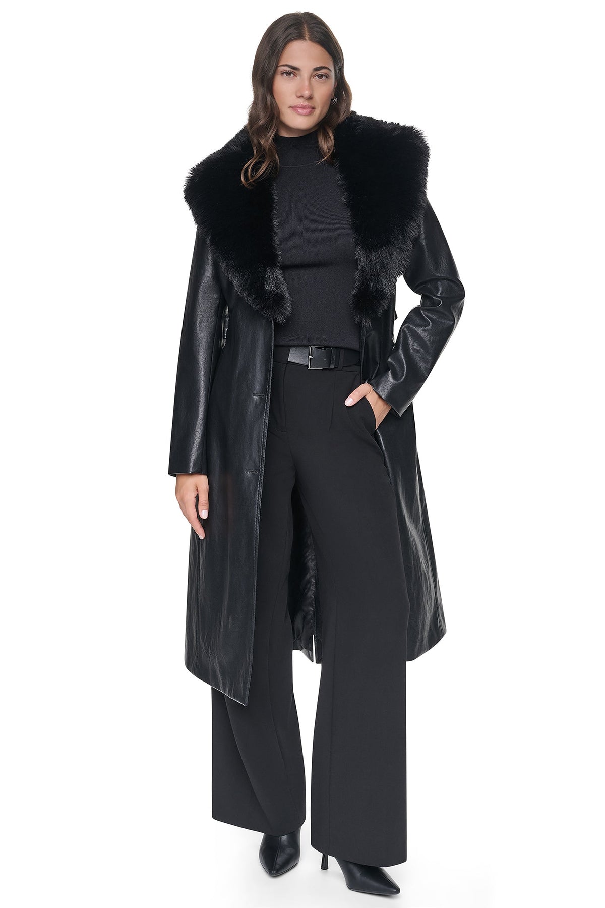 VEGAN LEATHER TRENCH WITH FAUX FUR COLLAR