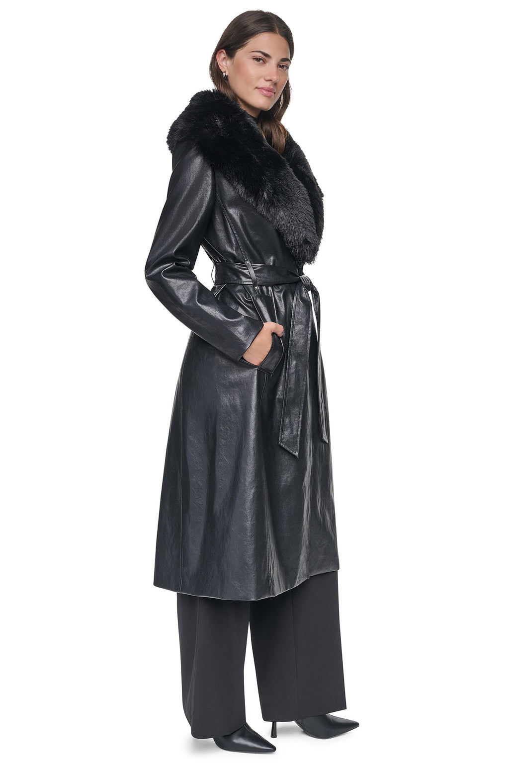 VEGAN LEATHER TRENCH WITH FAUX FUR COLLAR
