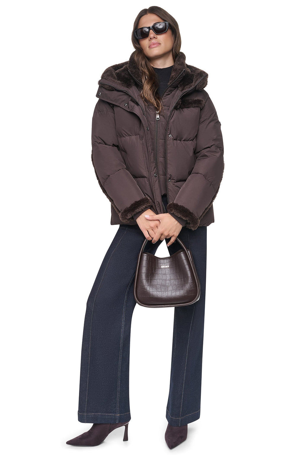FAUX FUR TRIMMED HOODED PUFFER