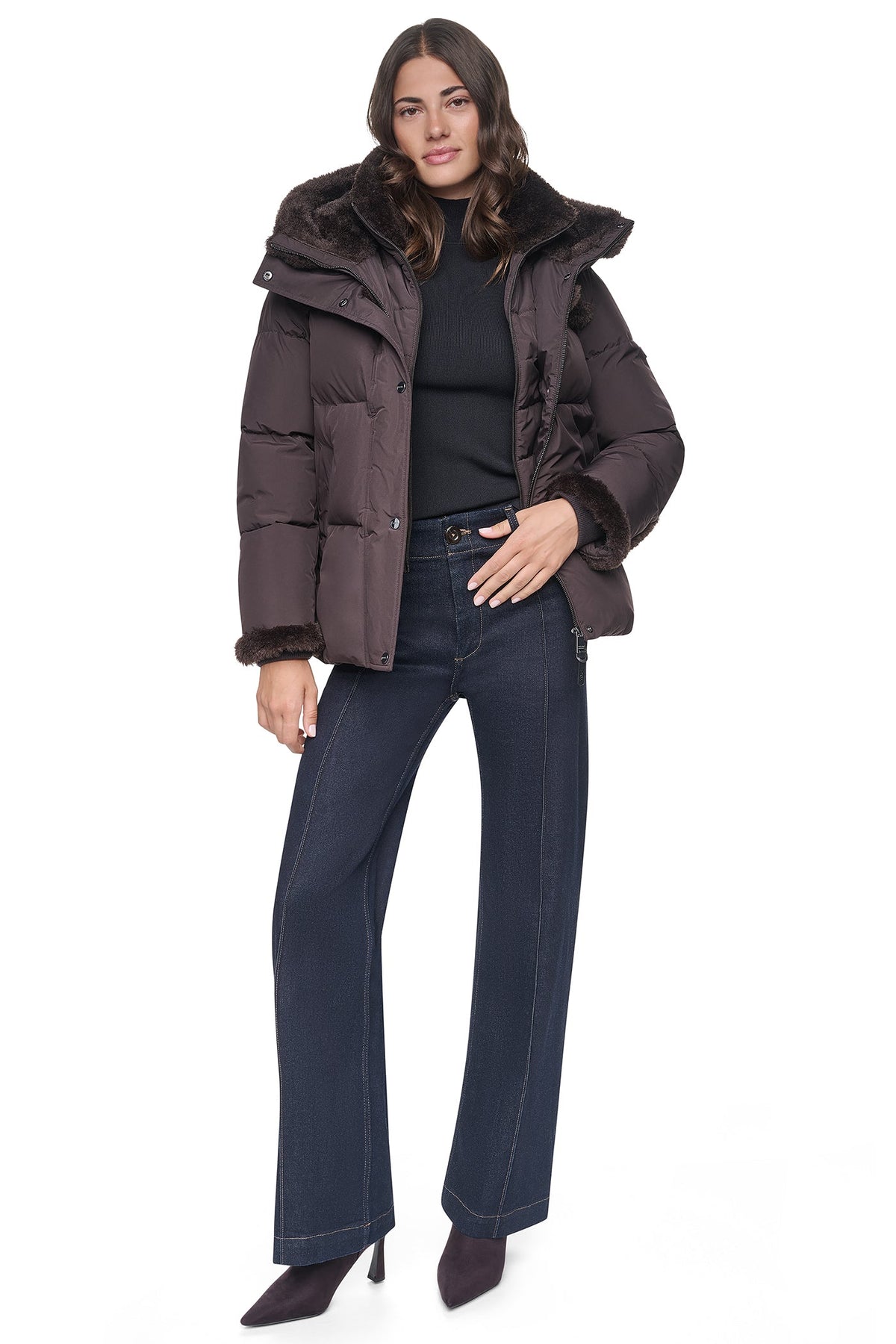 FAUX FUR TRIMMED HOODED PUFFER