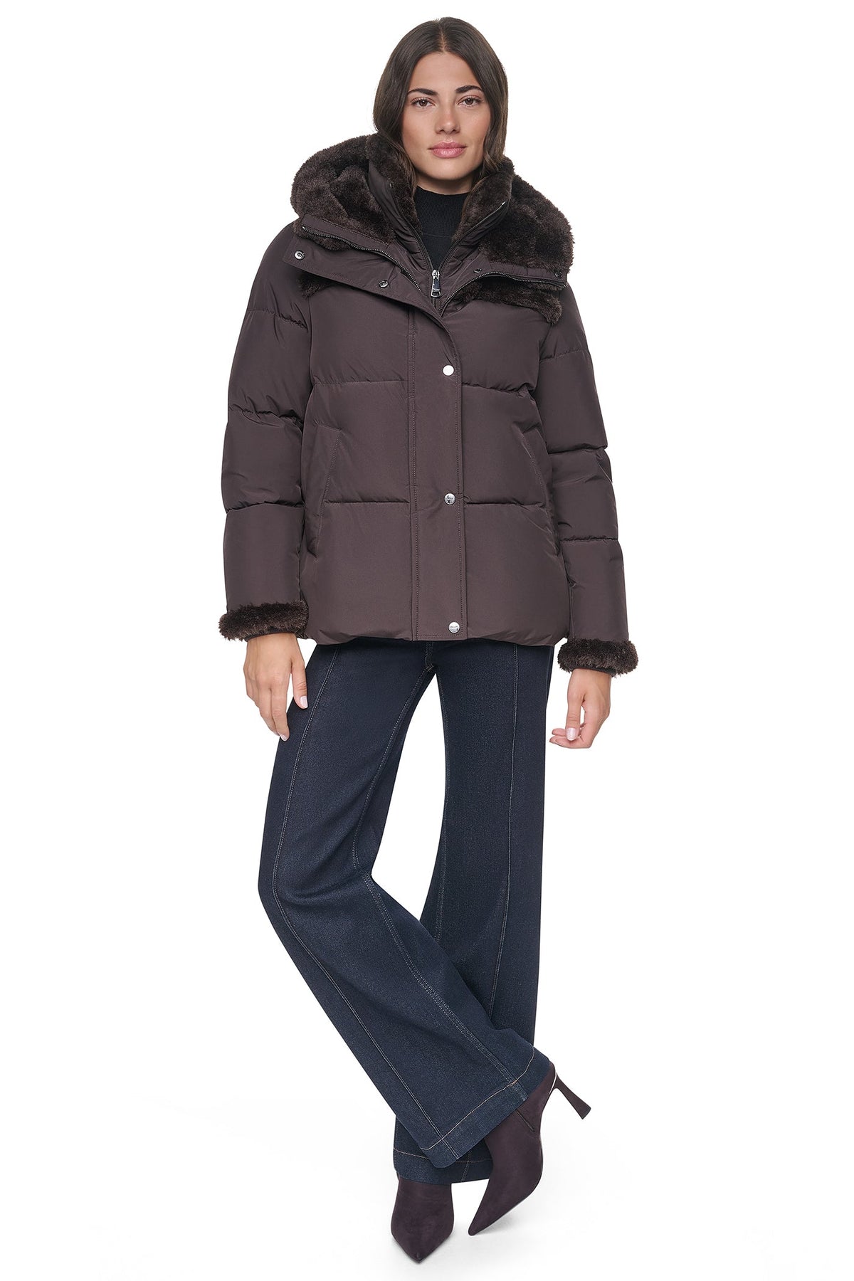 FAUX FUR TRIMMED HOODED PUFFER