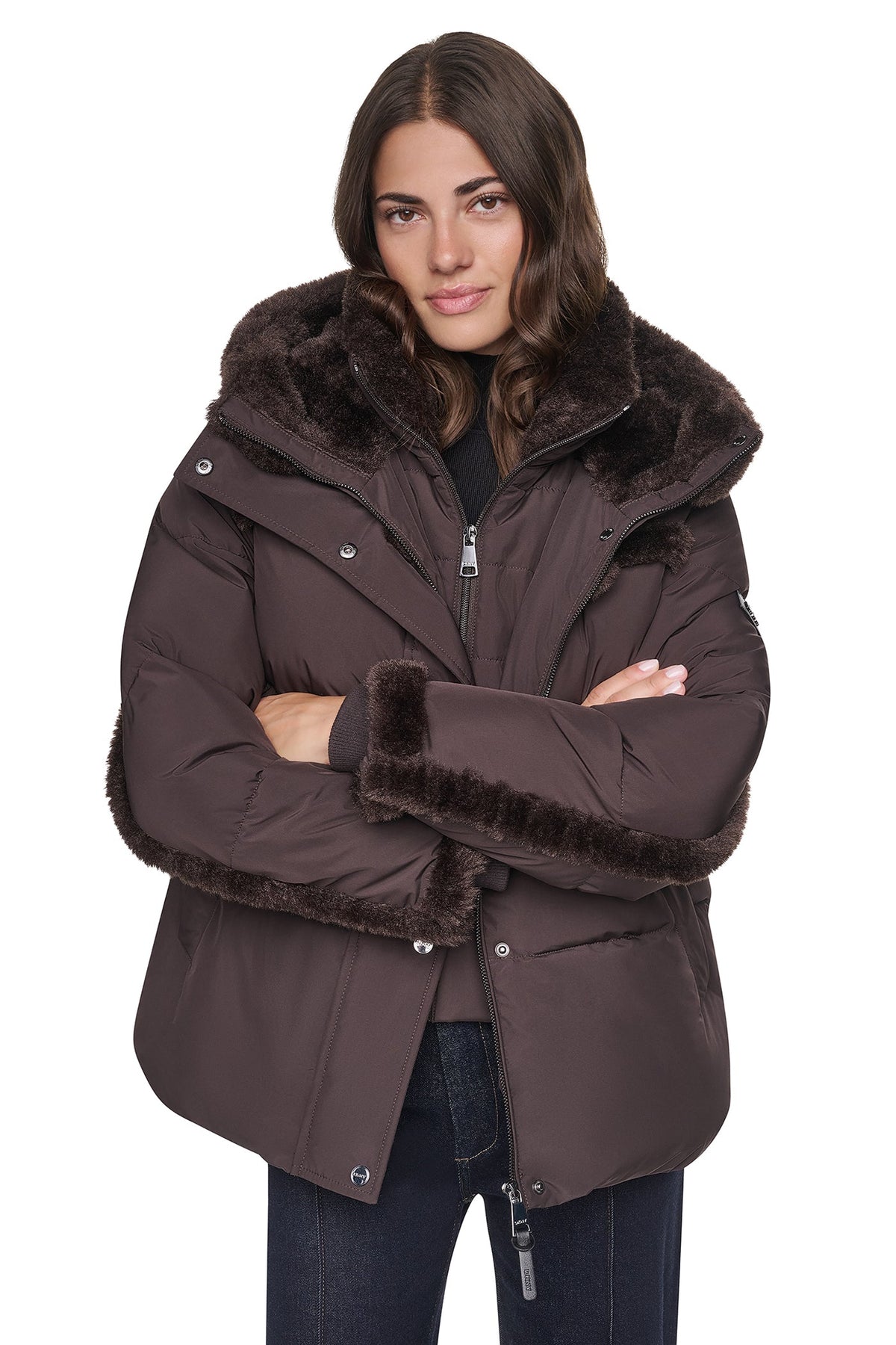 FAUX FUR TRIMMED HOODED PUFFER