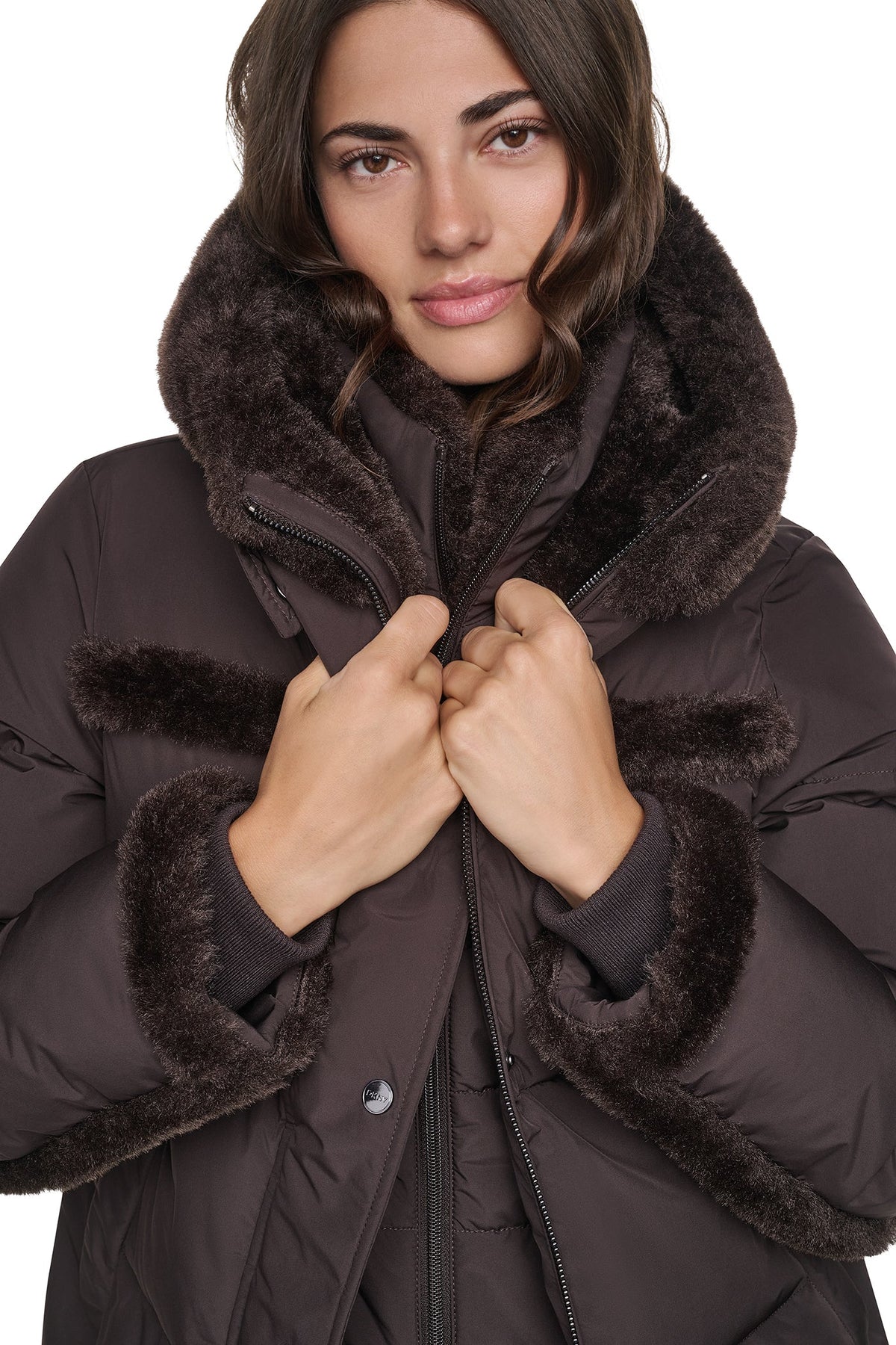 FAUX FUR TRIMMED HOODED PUFFER