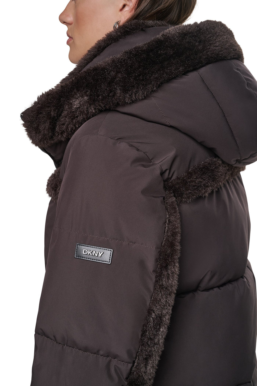 FAUX FUR TRIMMED HOODED PUFFER
