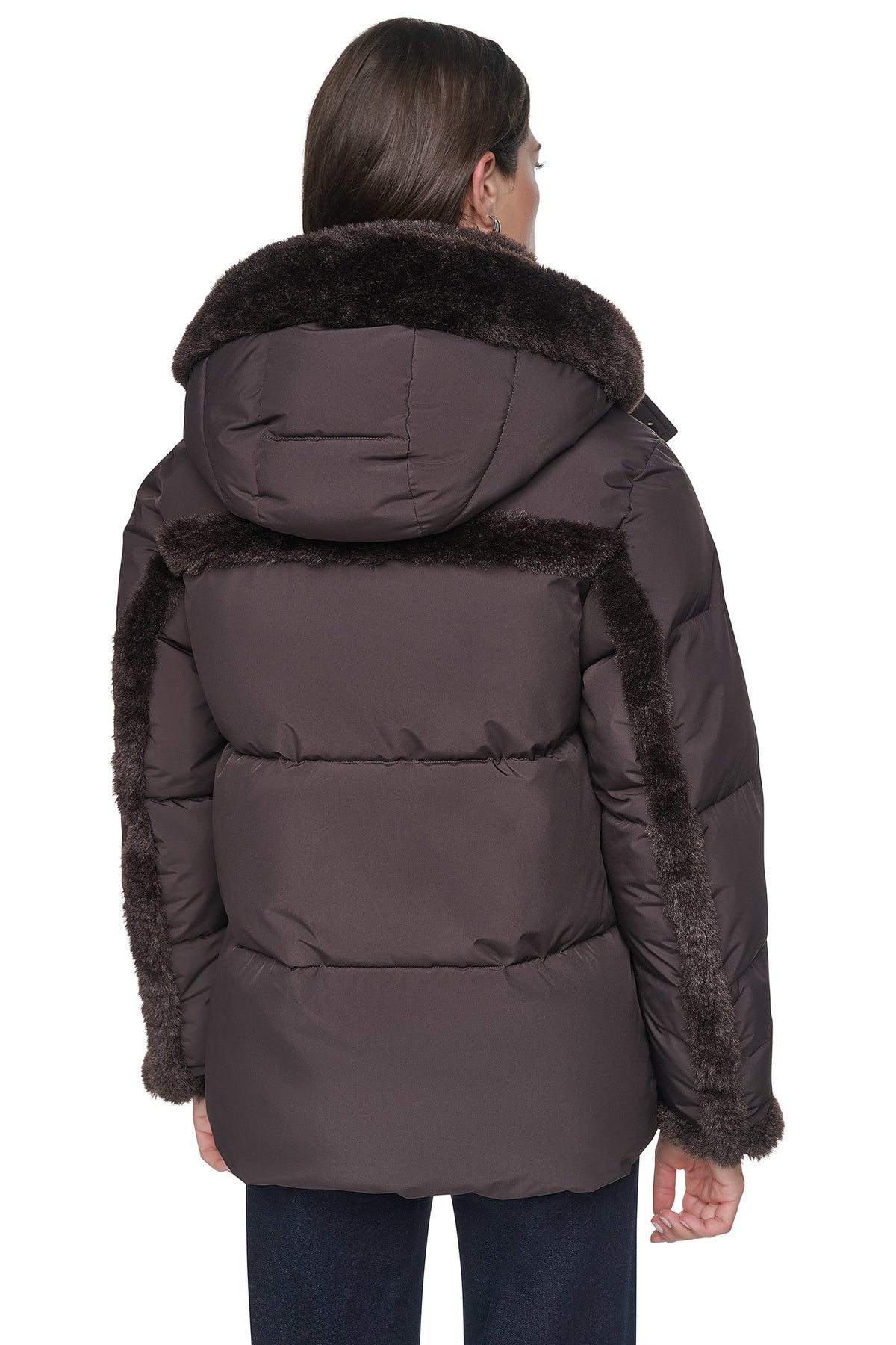 FAUX FUR TRIMMED HOODED PUFFER