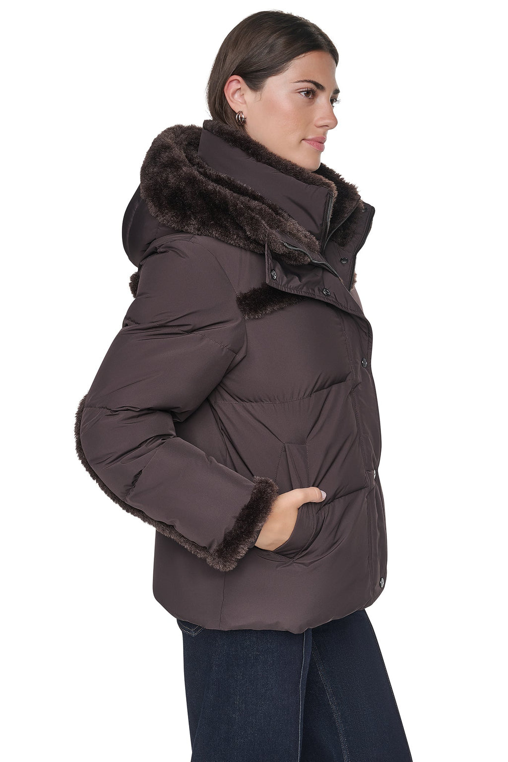 FAUX FUR TRIMMED HOODED PUFFER