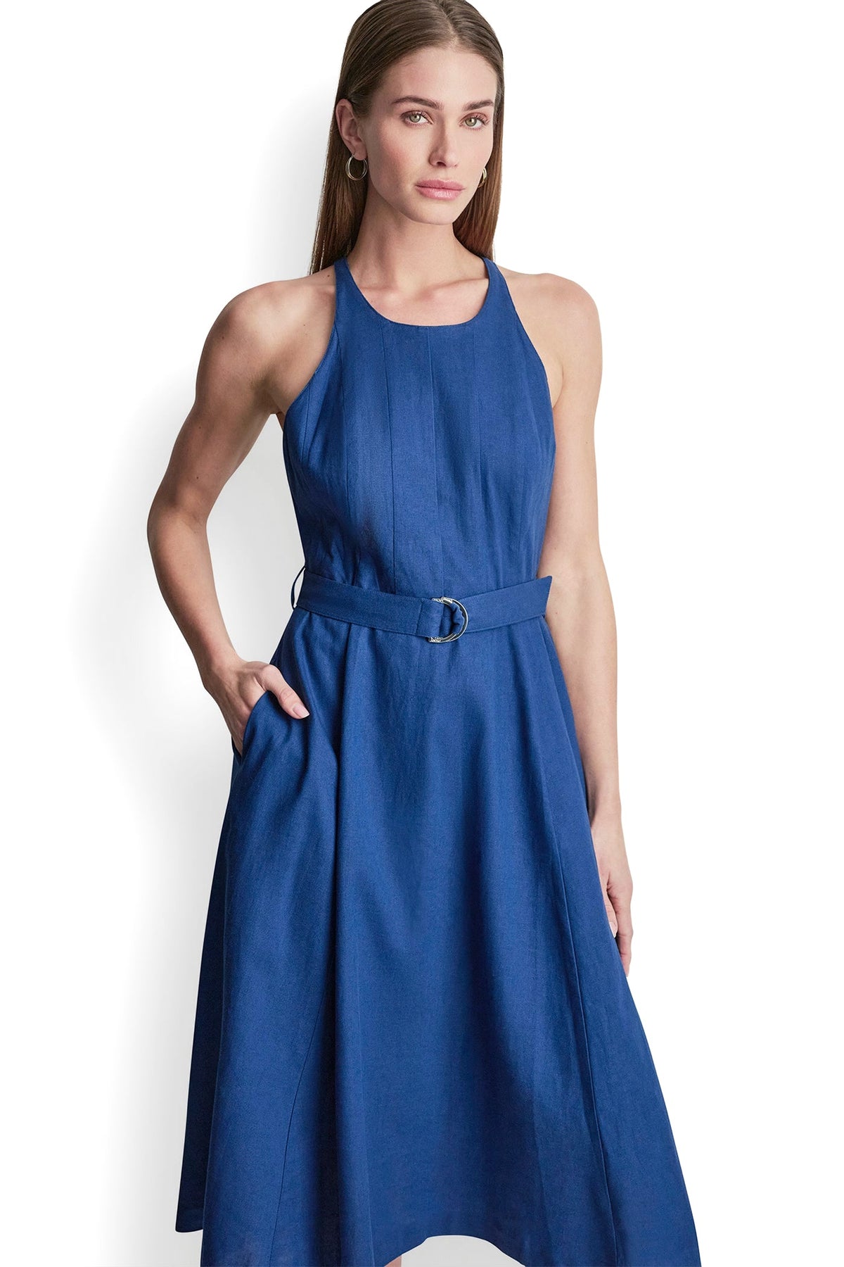 LINEN-BLEND SLEEVELESS MIDI DRESS