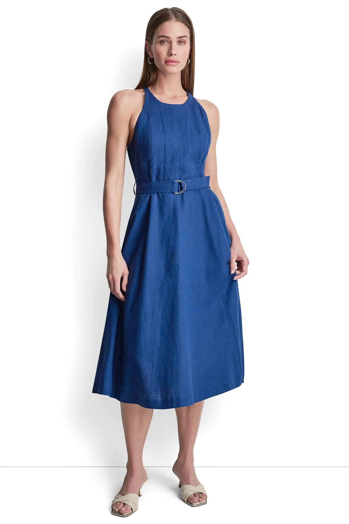 LINEN-BLEND SLEEVELESS MIDI DRESS