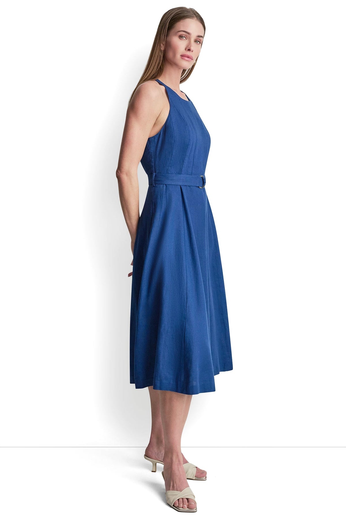 LINEN-BLEND SLEEVELESS MIDI DRESS