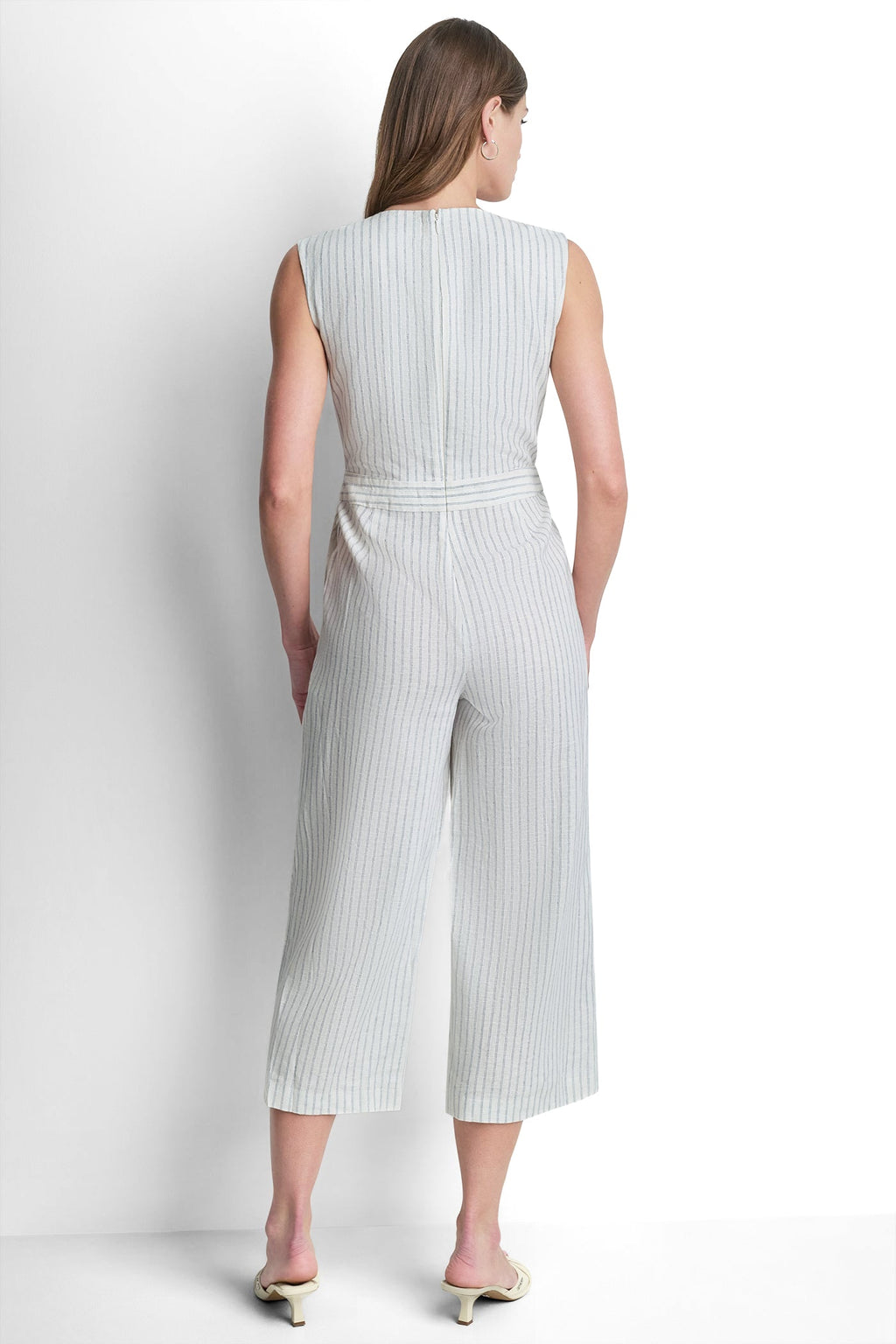 LINEN-BLEND SLEEVELESS WRAP-EFFECT STRIPED JUMPSUIT