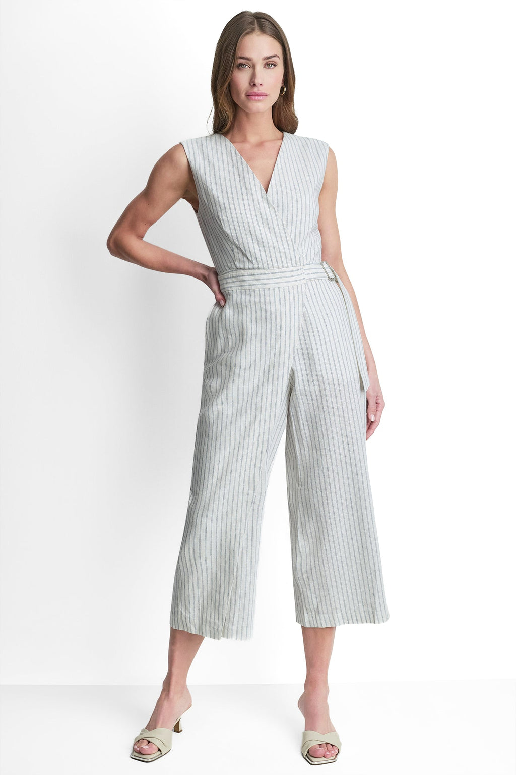 LINEN-BLEND SLEEVELESS WRAP-EFFECT STRIPED JUMPSUIT