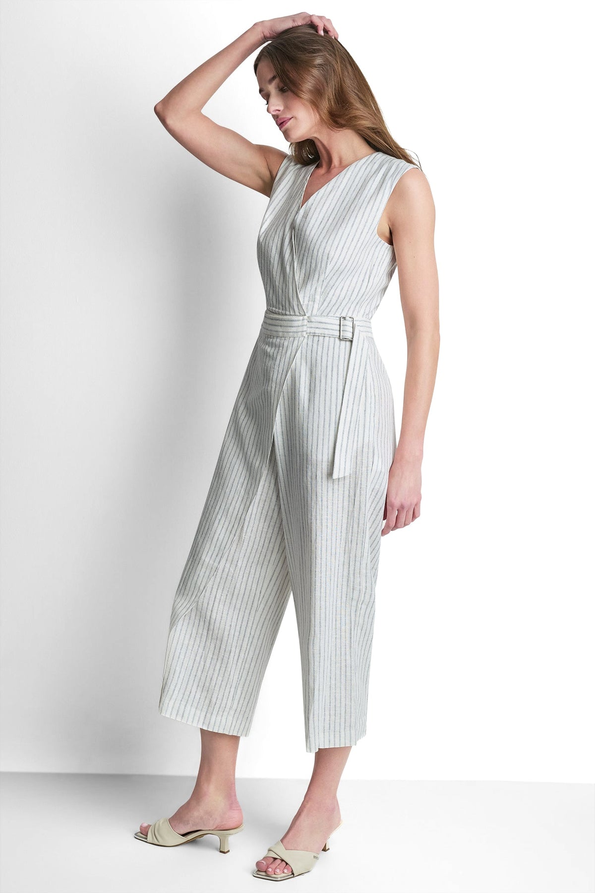 LINEN-BLEND SLEEVELESS WRAP-EFFECT STRIPED JUMPSUIT