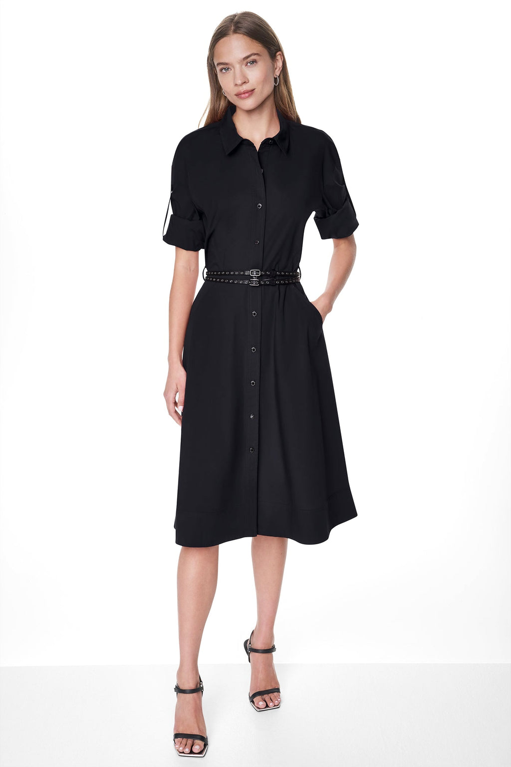 ROLL TAB BELTED POPLIN DRESS
