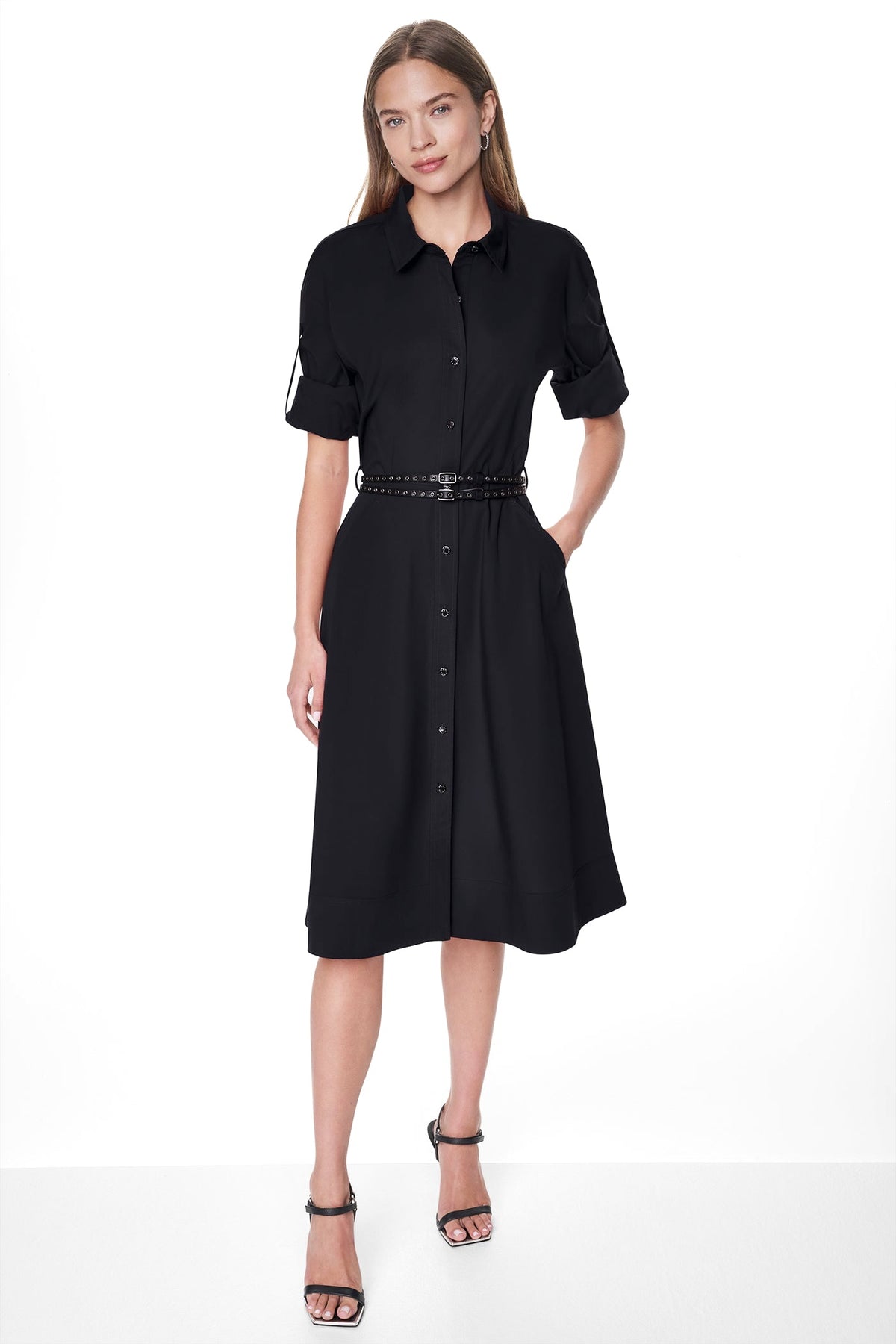 ROLL TAB BELTED POPLIN DRESS