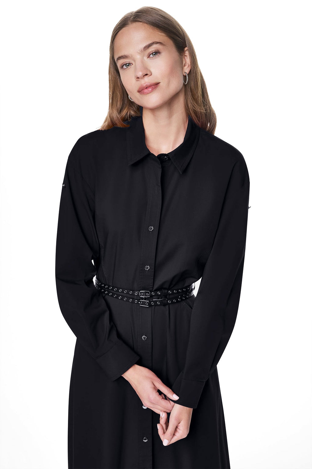 ROLL TAB BELTED POPLIN DRESS