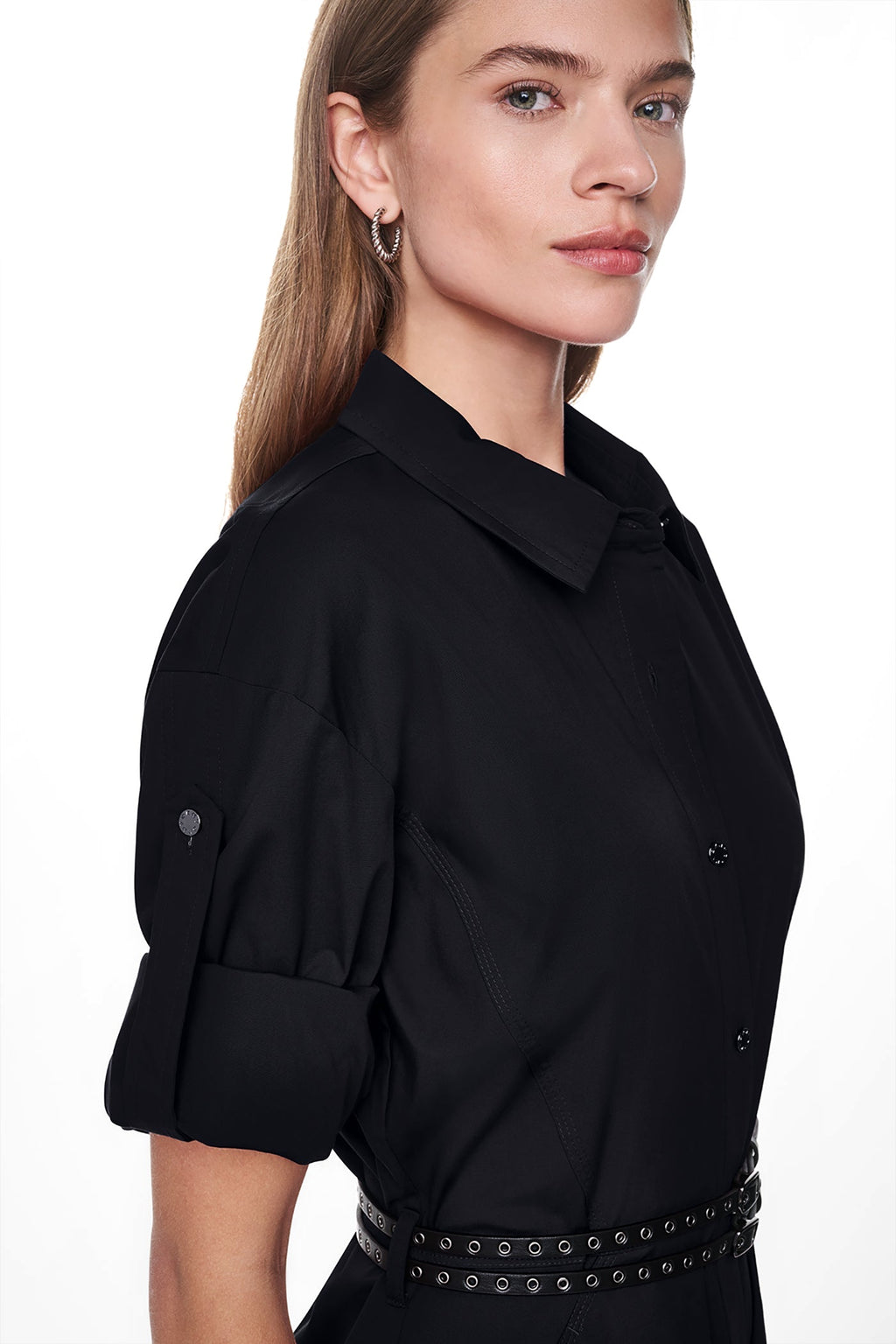 ROLL TAB BELTED POPLIN DRESS