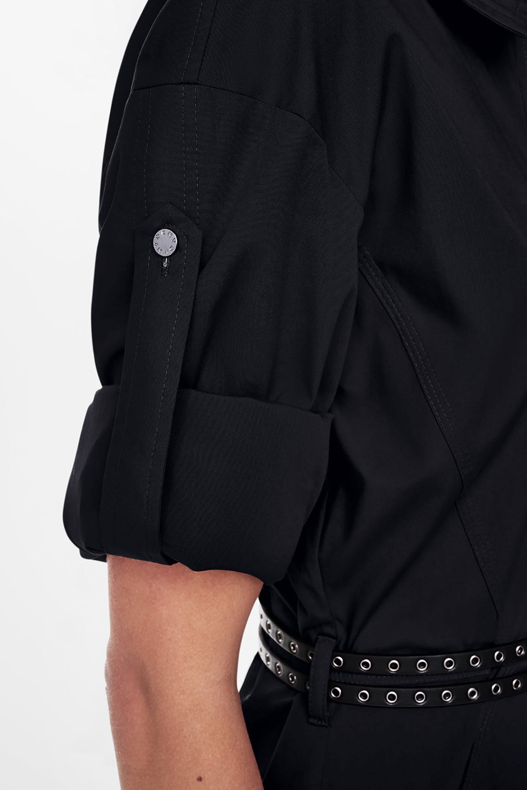 ROLL TAB BELTED POPLIN DRESS