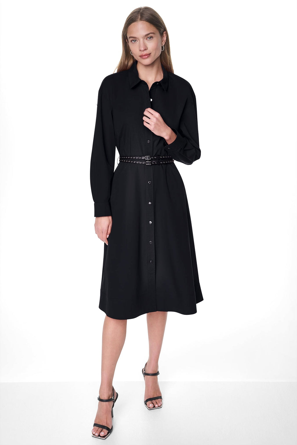 ROLL TAB BELTED POPLIN DRESS