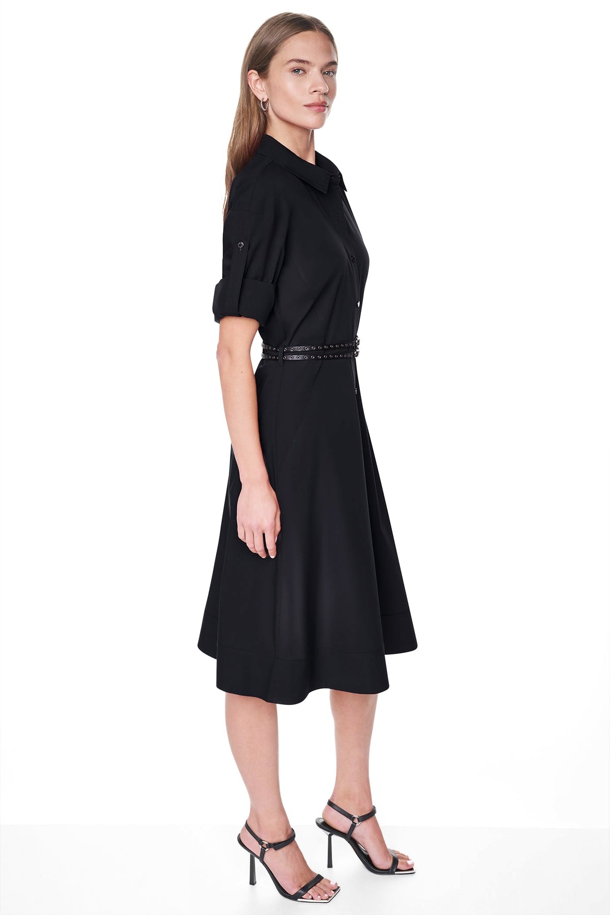 ROLL TAB BELTED POPLIN DRESS