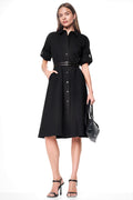 ROLL TAB BELTED POPLIN DRESS
