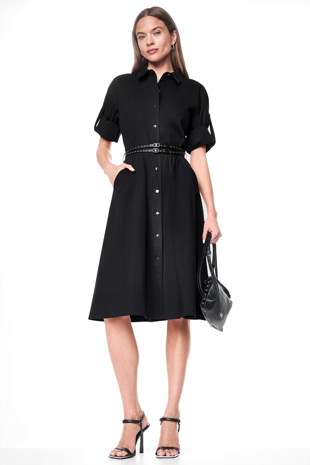 ROLL TAB BELTED POPLIN DRESS