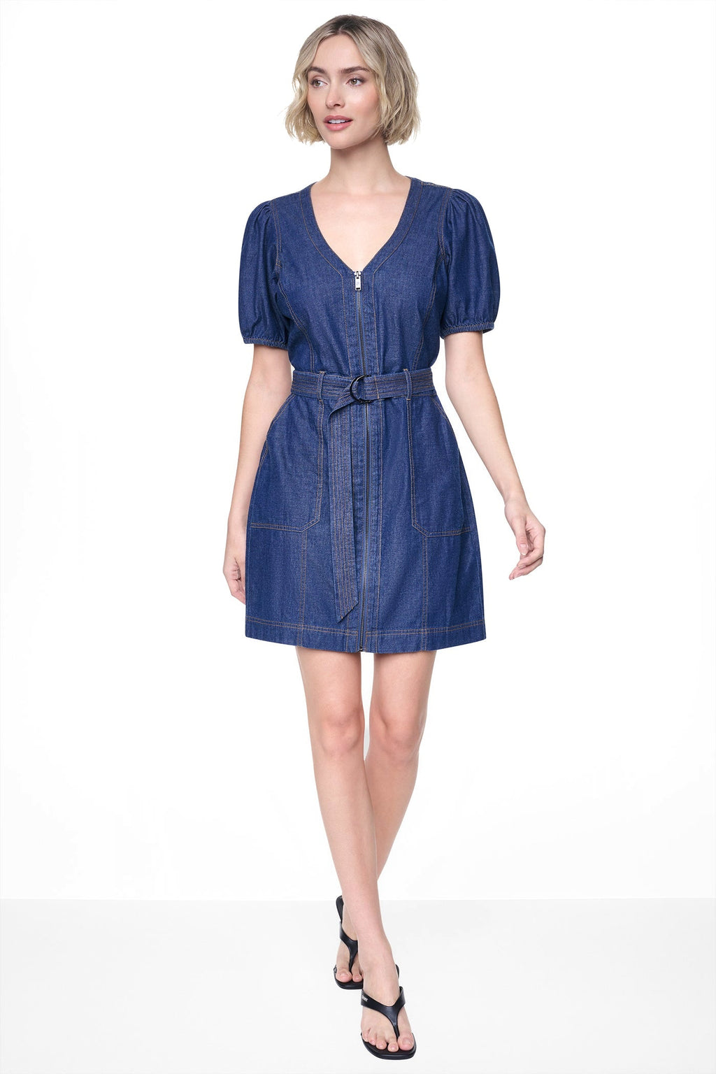 PUFF SLEEVE BELTED DENIM DRESS