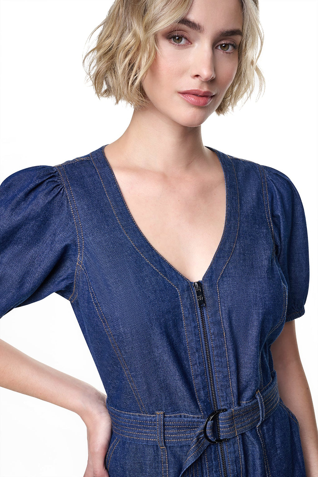 PUFF SLEEVE BELTED DENIM DRESS
