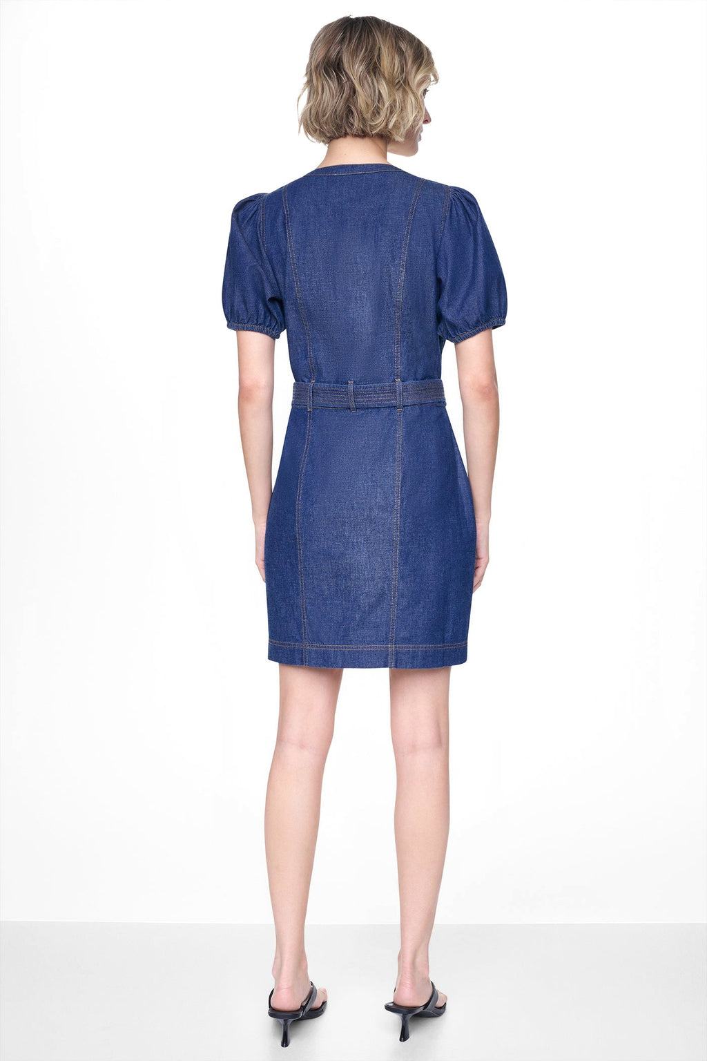 PUFF SLEEVE BELTED DENIM DRESS