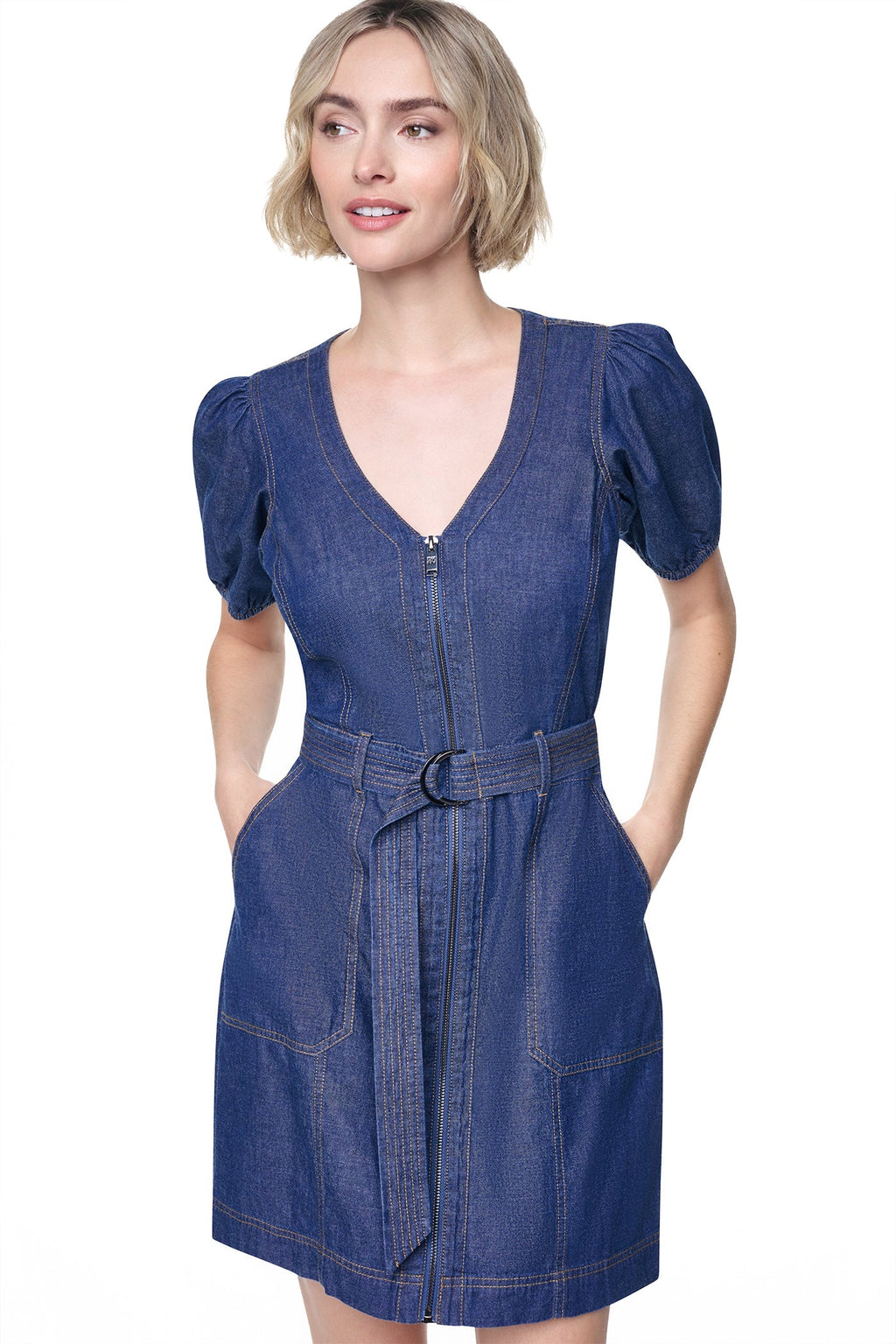 PUFF SLEEVE BELTED DENIM DRESS