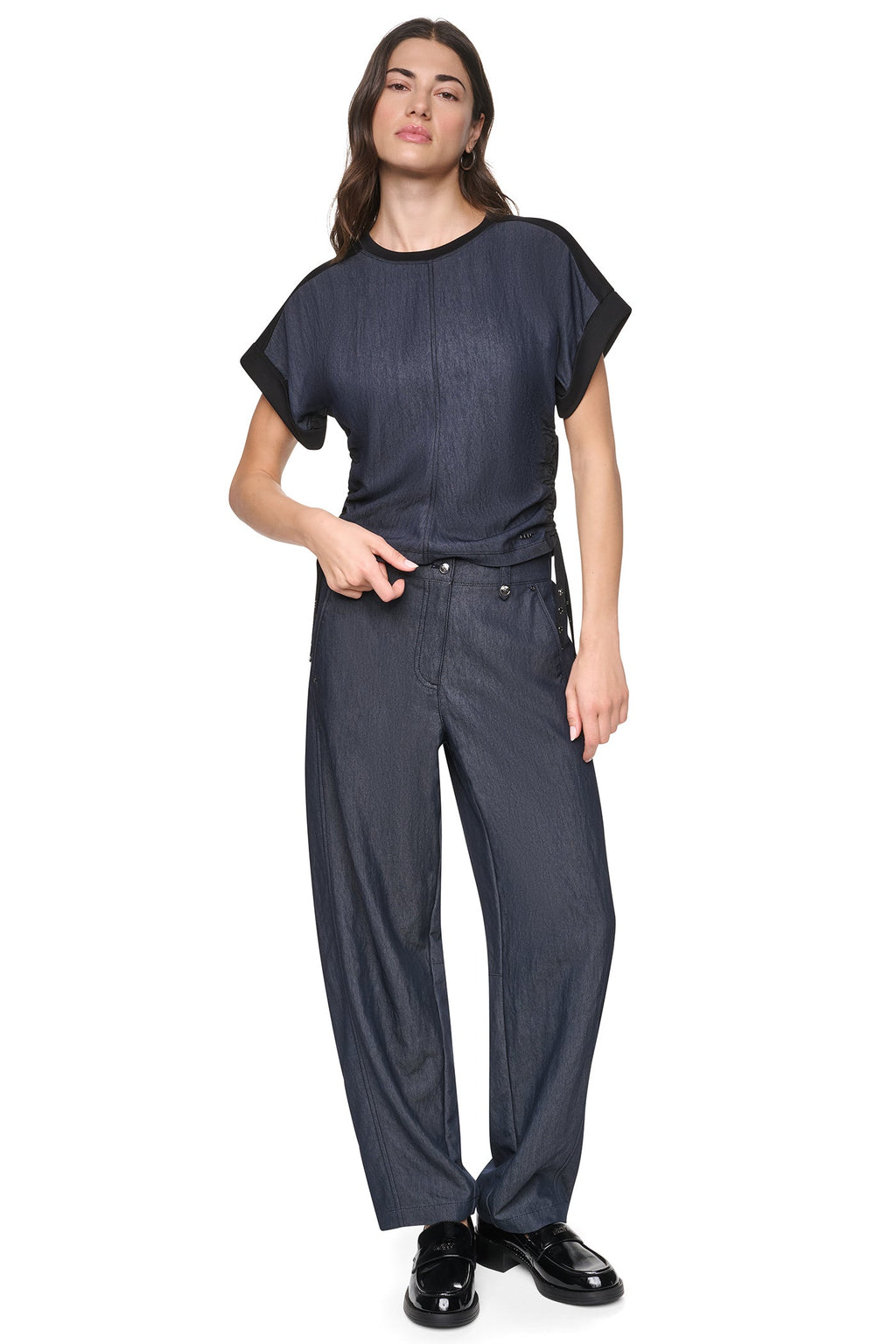 WASHED INDIGO SIDE RUCHED TOP
