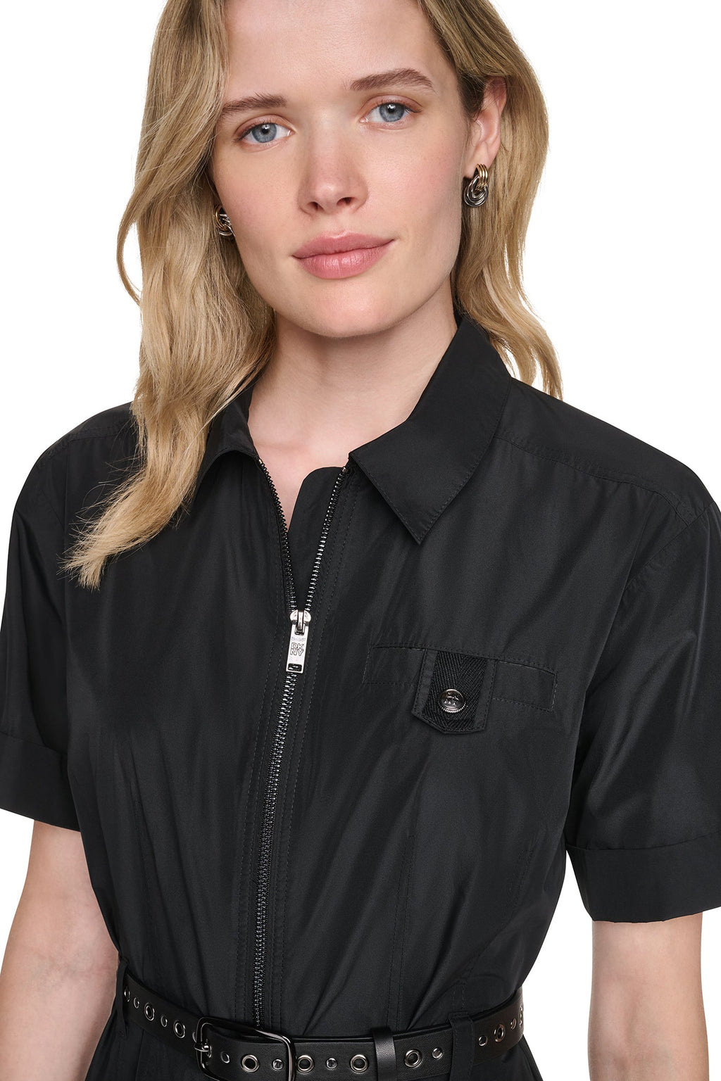 MEMORY TAFFETA ZIP FRONT DRESS